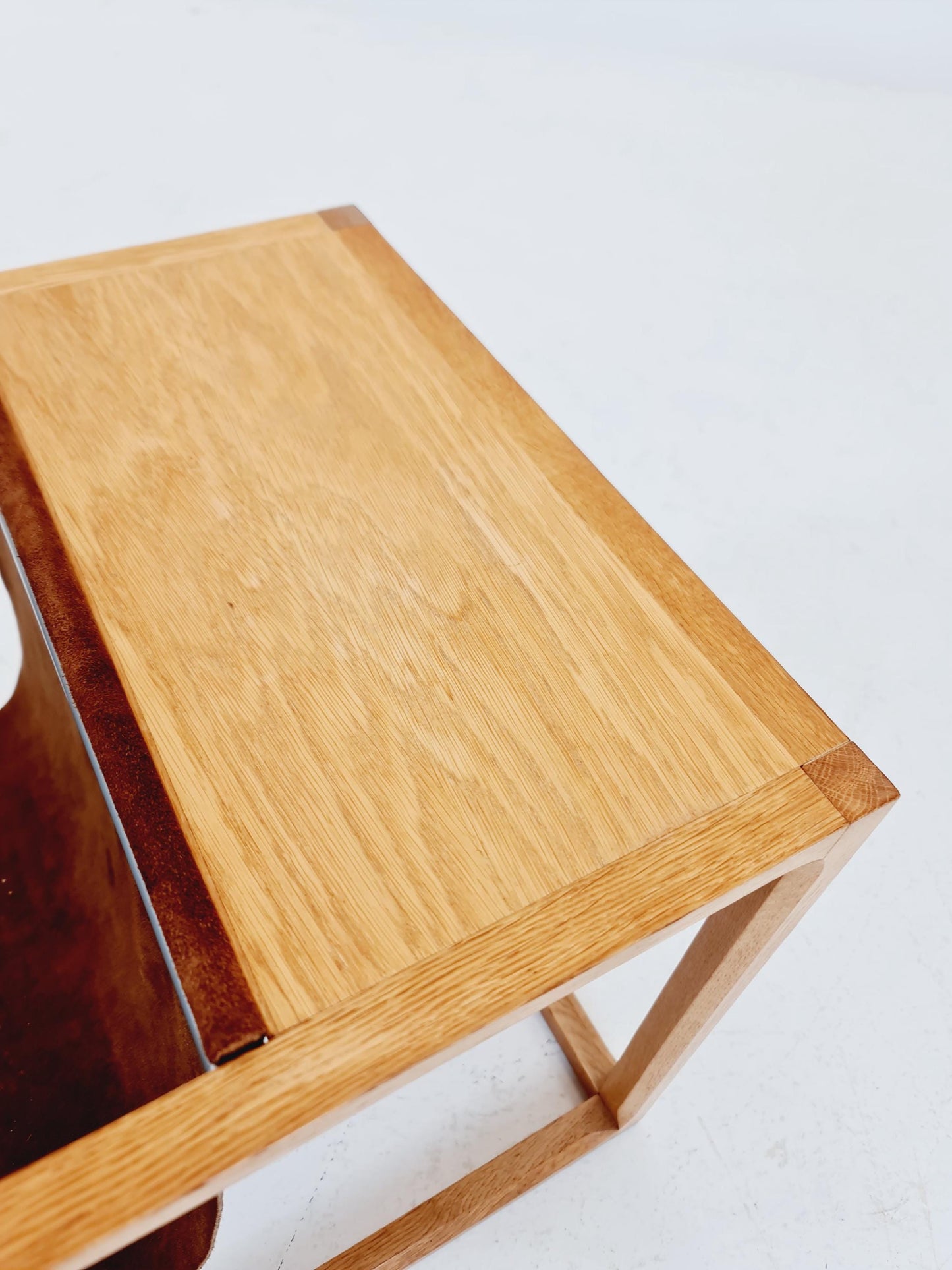 Midcentury Danish teak side table with Magazine Leather Pouch by Aksel kjersgaard 1960s