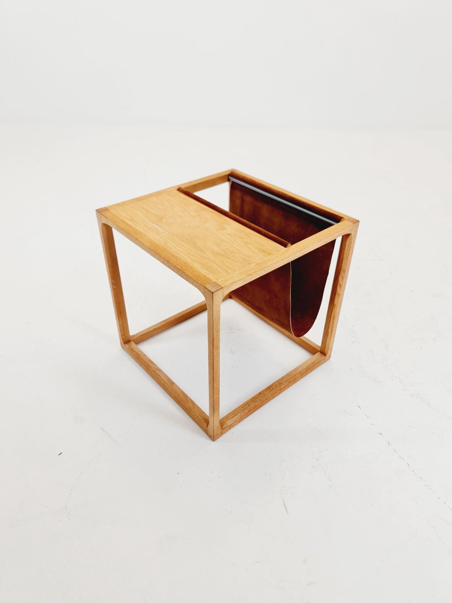 Midcentury Danish teak side table with Magazine Leather Pouch by Aksel kjersgaard 1960s
