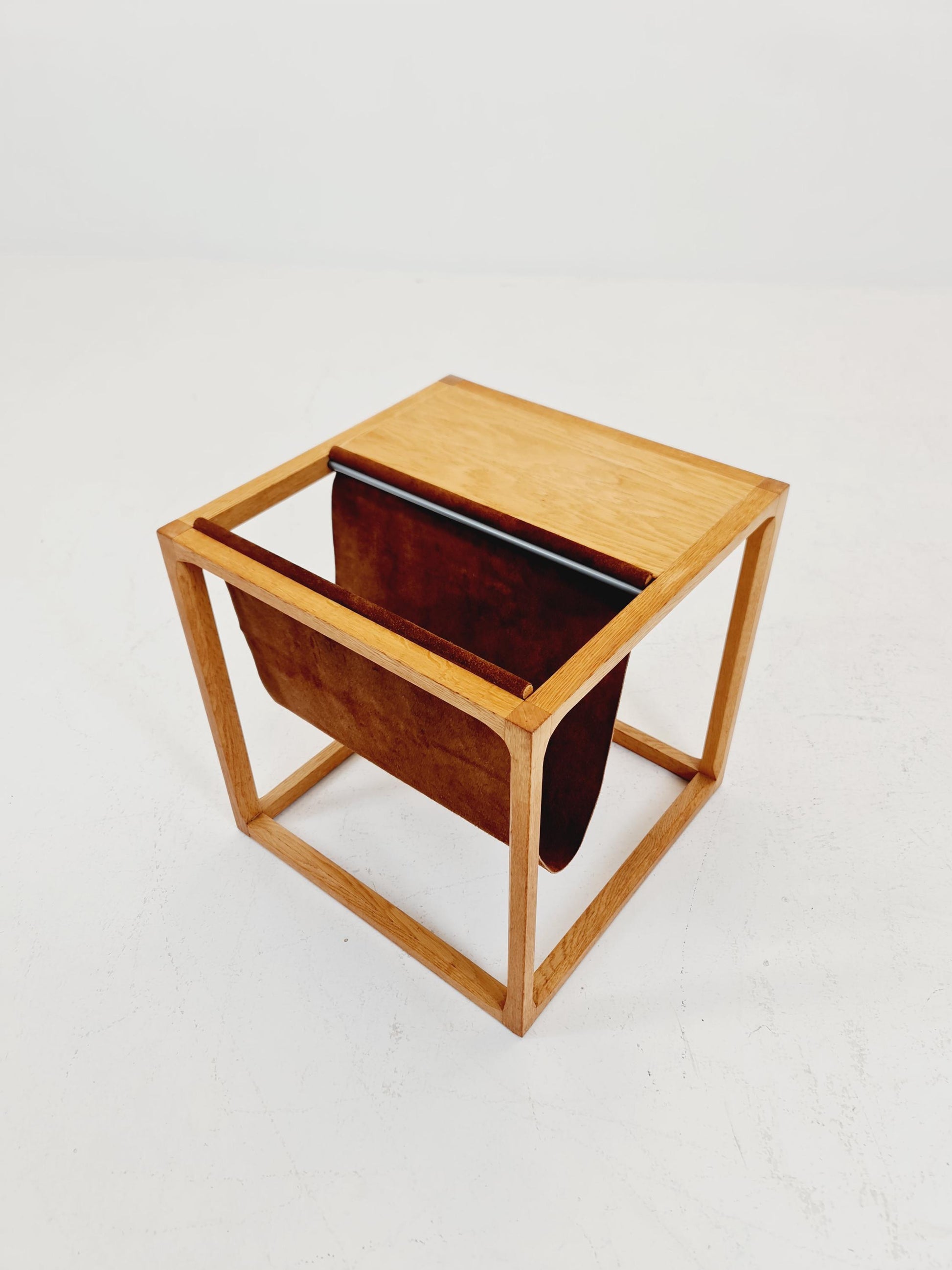 Midcentury Danish teak side table with Magazine Leather Pouch by Aksel kjersgaard 1960s