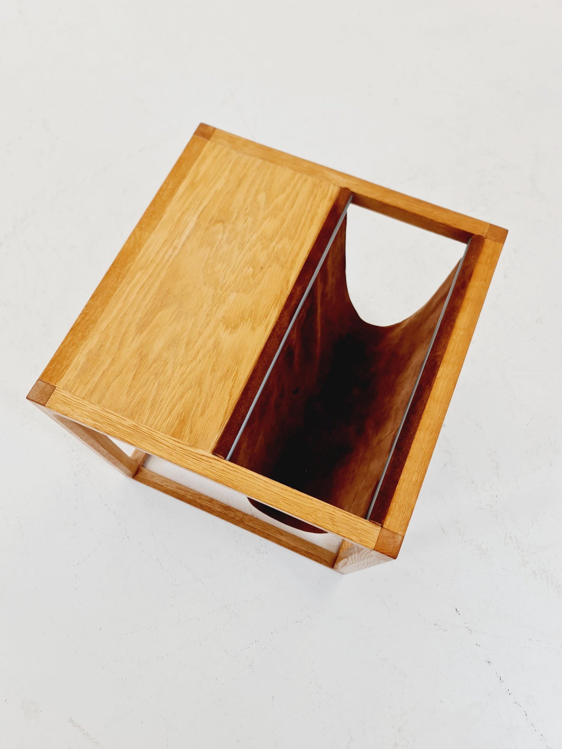 Midcentury Danish teak side table with Magazine Leather Pouch by Aksel kjersgaard 1960s