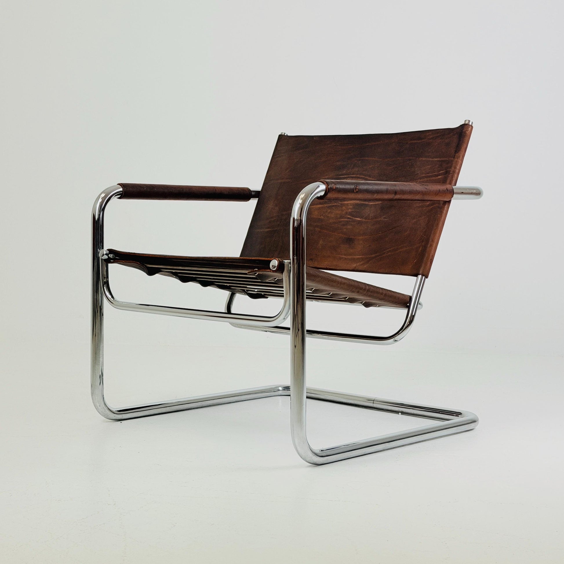 Rare Mid Century Rondo Cantilever Lounge Armchair by Heinrich Pfalzberger – Chocolate Brown Leather, Swiss Design 1960s,