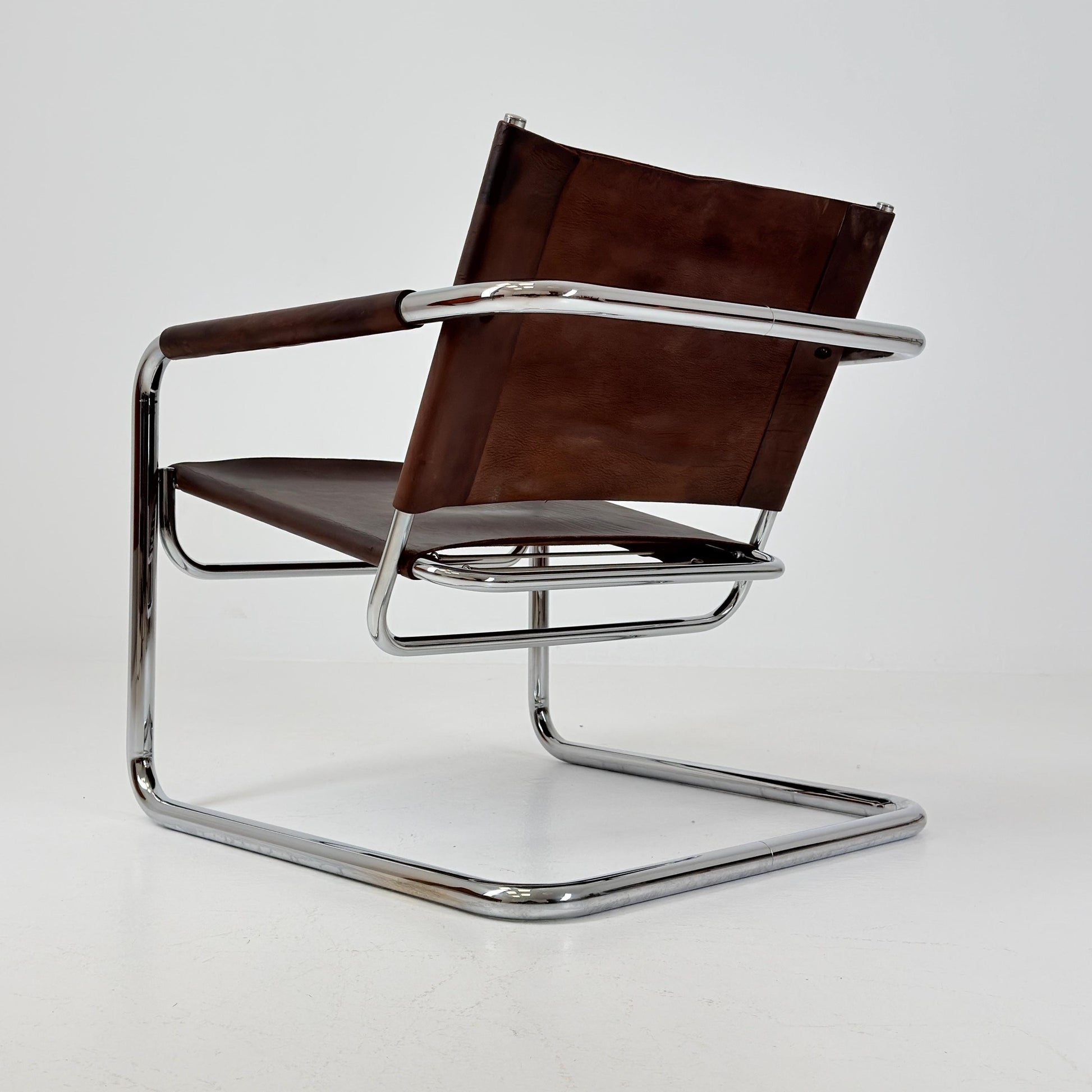 Rare Mid Century Rondo Cantilever Lounge Armchair by Heinrich Pfalzberger – Chocolate Brown Leather, Swiss Design 1960s,