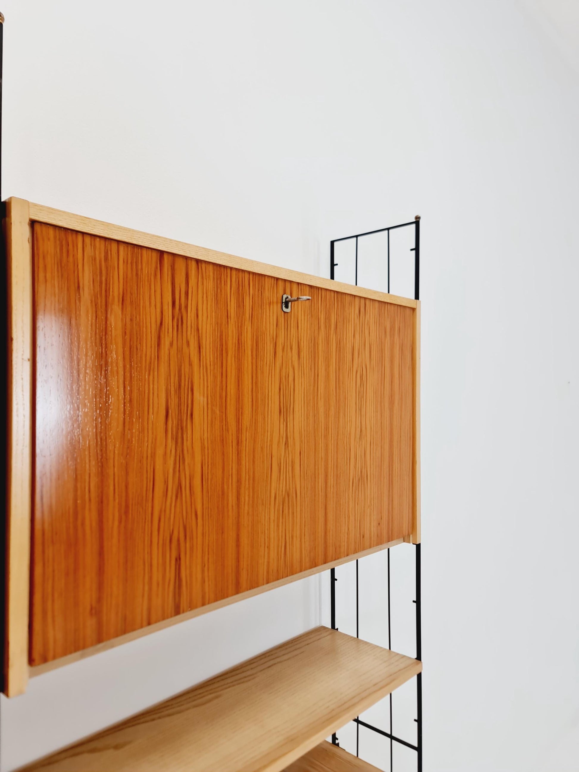 Freestanding string shelf-system unit bookcase ash ,walnut & metal by koch Möbel Germany, 1950s