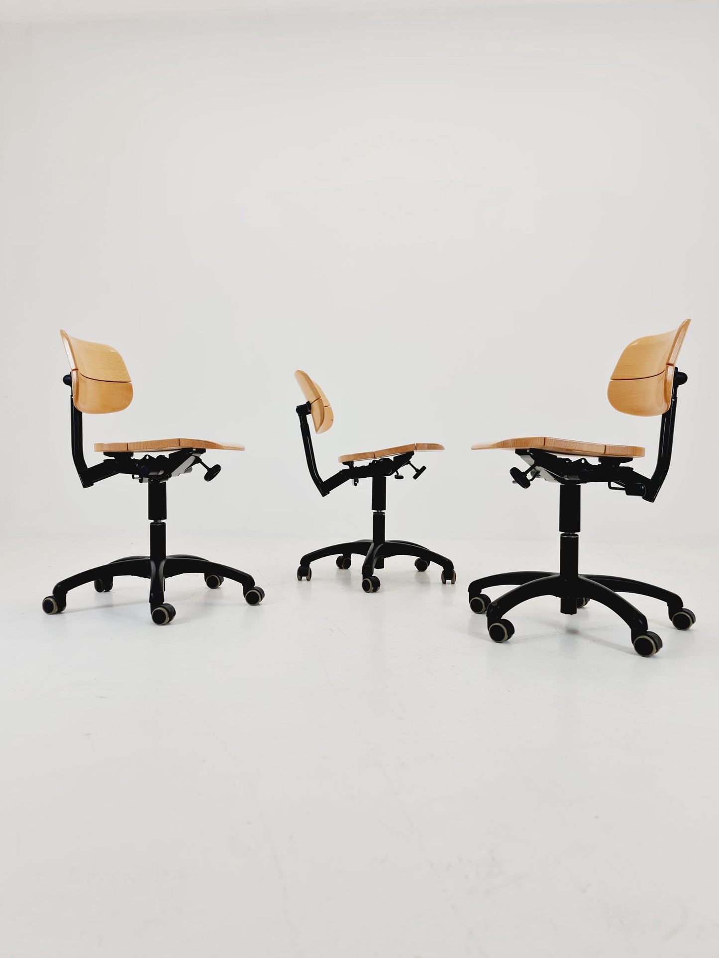 1 of 3 Bauhaus swivel office Armchair in solid wood By stollgiroflex 1990s