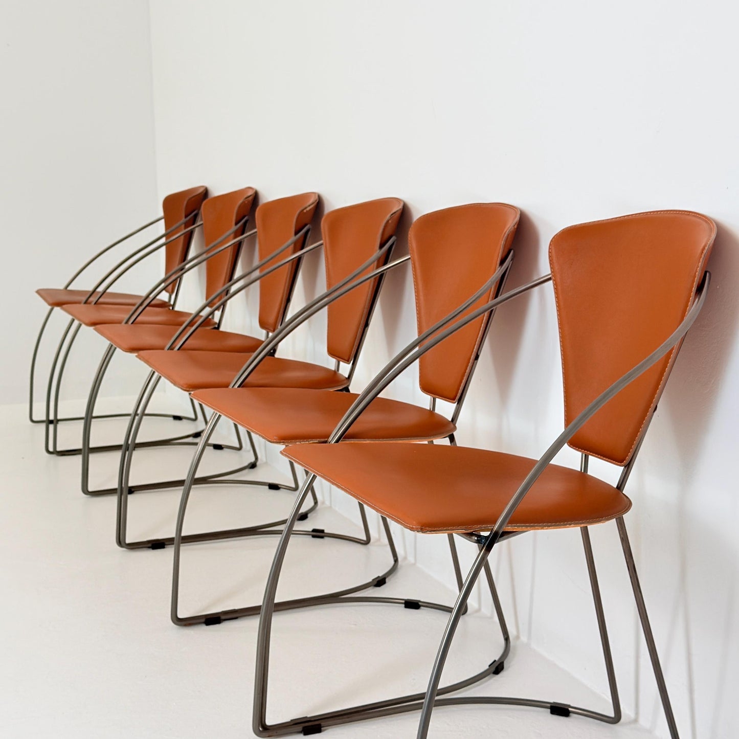 Set of 6 Vintage Interio Croma Tubular Steel Dining Chairs in Brown Natural Leather – Mid Century Modern Chrome Dining Chairs – Germany 1980