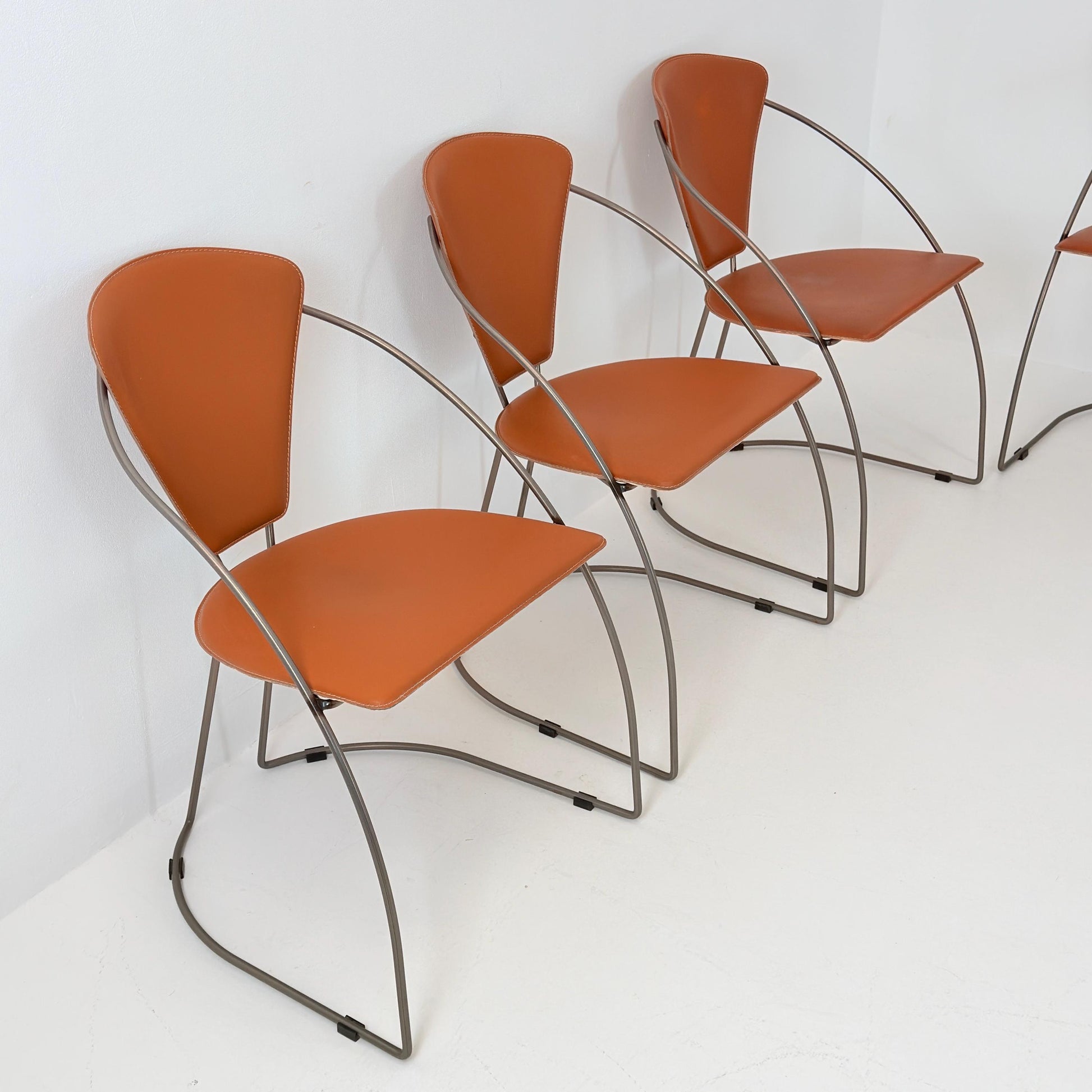 Set of 6 Vintage Interio Croma Tubular Steel Dining Chairs in Brown Natural Leather – Mid Century Modern Chrome Dining Chairs – Germany 1980
