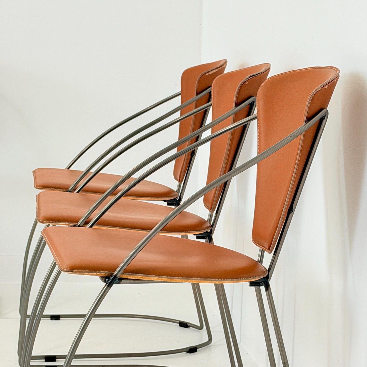 Set of 6 Vintage Interio Croma Tubular Steel Dining Chairs in Brown Natural Leather – Mid Century Modern Chrome Dining Chairs – Germany 1980