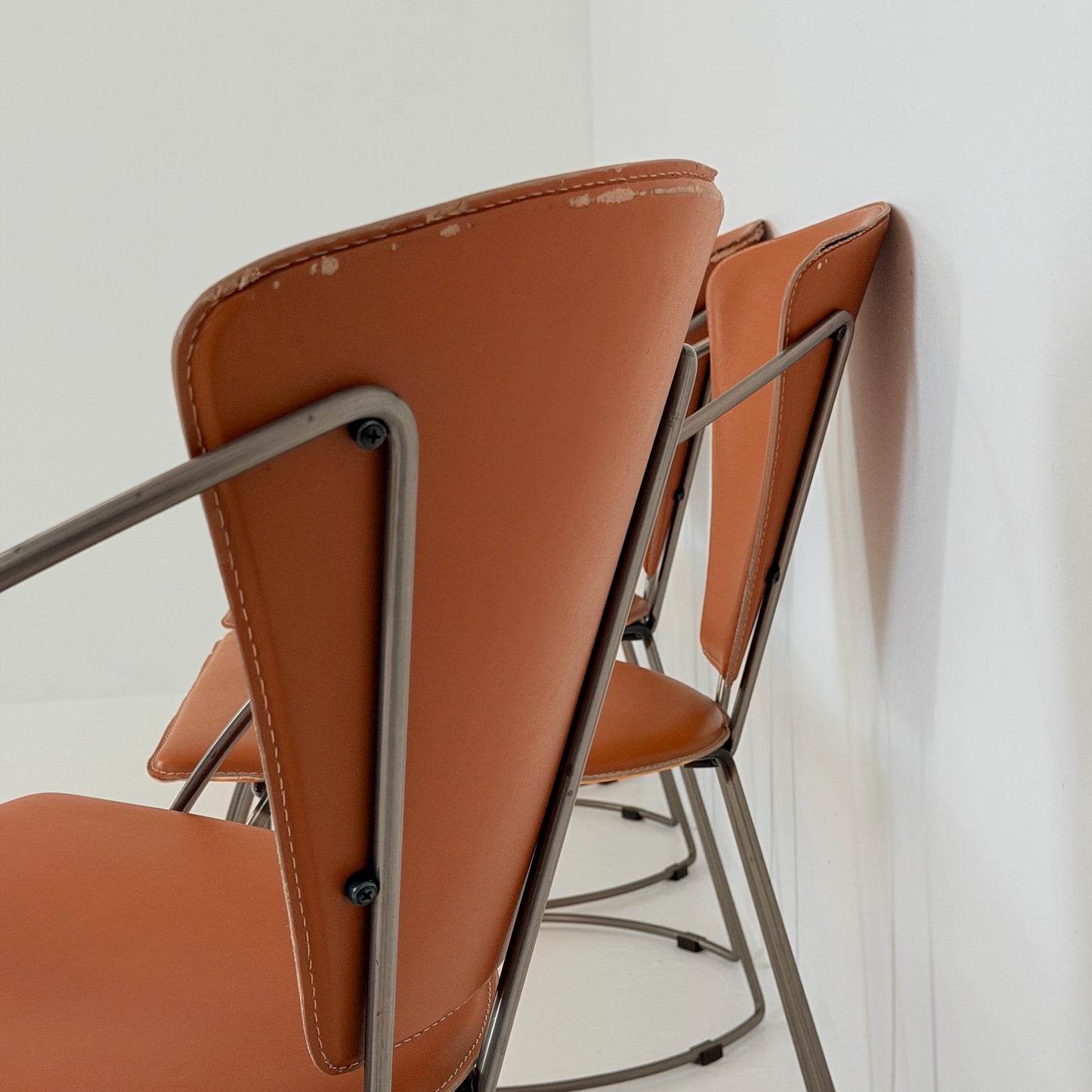 Set of 6 Vintage Interio Croma Tubular Steel Dining Chairs in Brown Natural Leather – Mid Century Modern Chrome Dining Chairs – Germany 1980