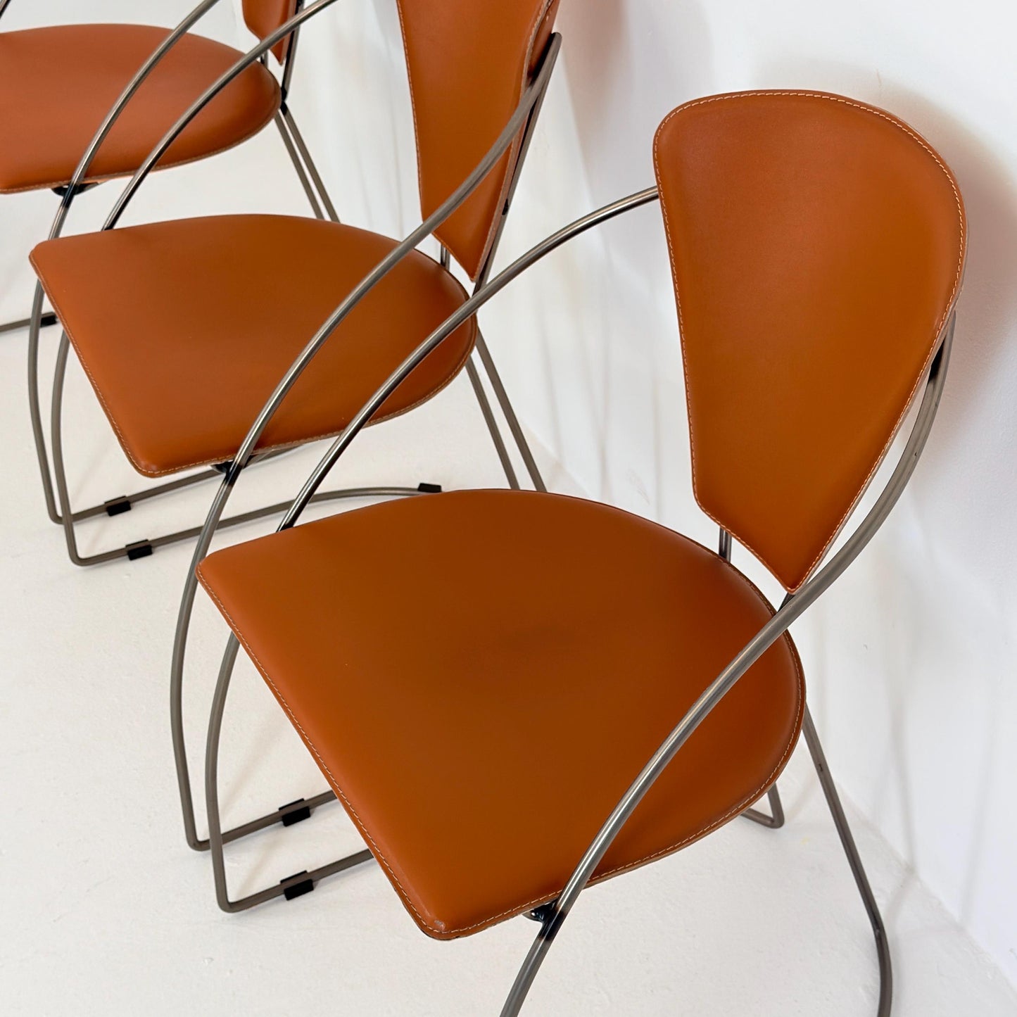 Set of 6 Vintage Interio Croma Tubular Steel Dining Chairs in Brown Natural Leather – Mid Century Modern Chrome Dining Chairs – Germany 1980