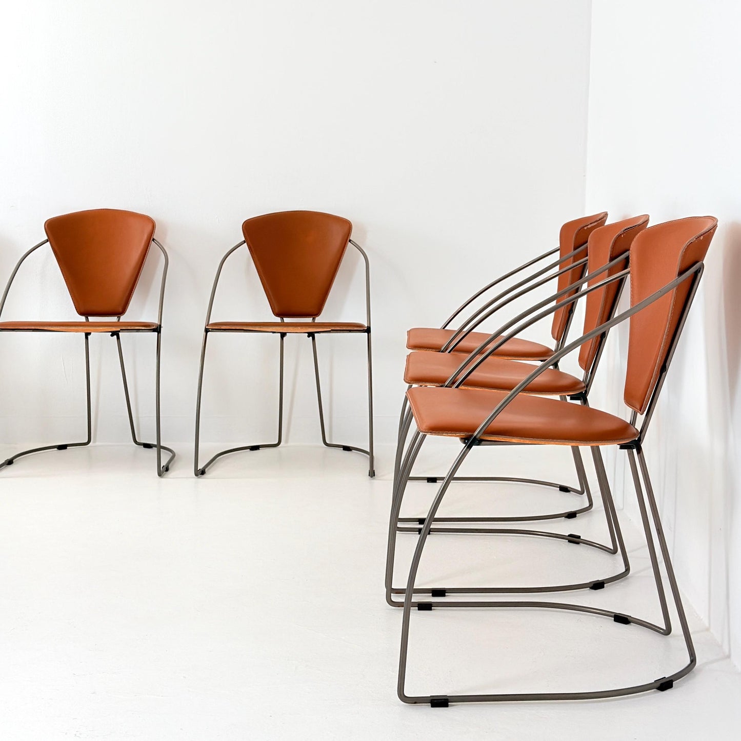 Set of 6 Vintage Interio Croma Tubular Steel Dining Chairs in Brown Natural Leather – Mid Century Modern Chrome Dining Chairs – Germany 1980