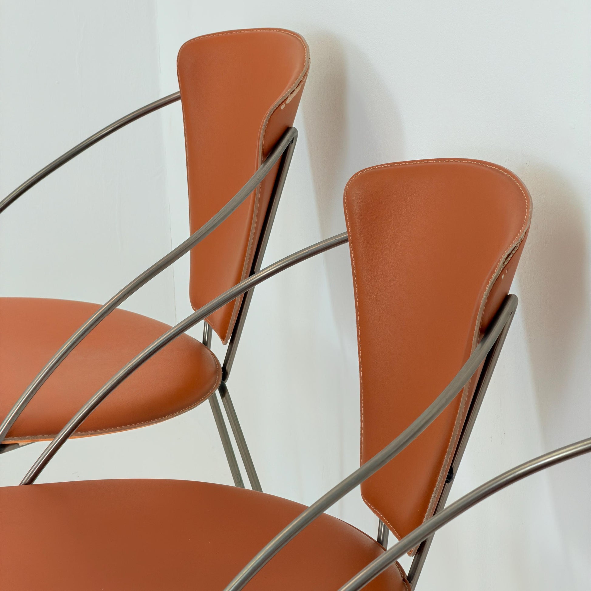 Set of 6 Vintage Interio Croma Tubular Steel Dining Chairs in Brown Natural Leather – Mid Century Modern Chrome Dining Chairs – Germany 1980