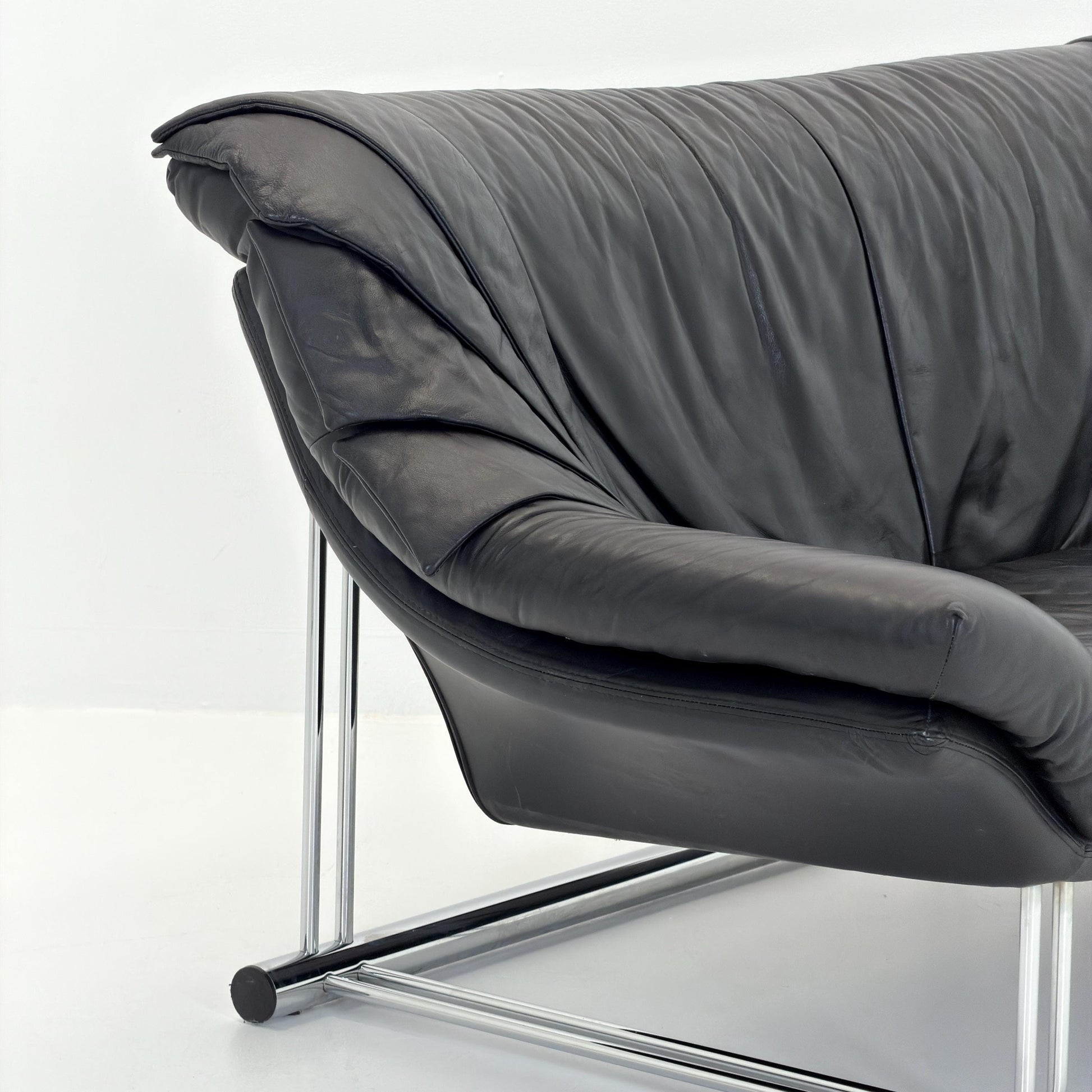 Mid Century Bauhaus Black Leather Two Seater Sofa, Italy 1980s
