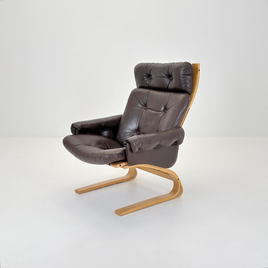 Mid century Norwegian Kengu leather high back lounge chair by Elsa & Nordahl Solheim for Rybo Rykken - 1970s Norway