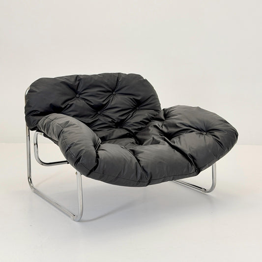 Mid Century Style Black Faux Leather Lounge Chair – Scandinavian Modern Chrome Tubular Armchair