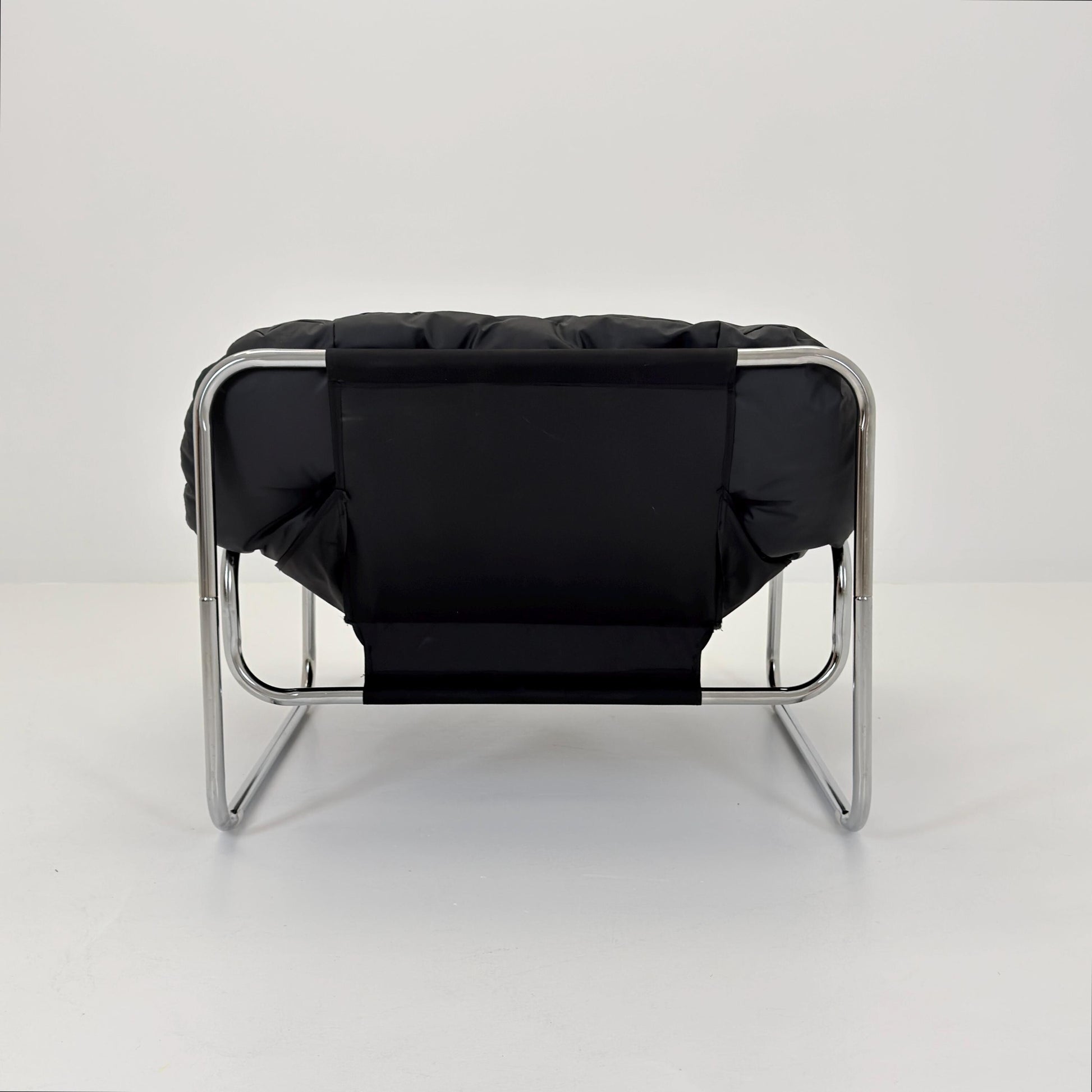 Mid Century Style Black Faux Leather Lounge Chair – Scandinavian Modern Chrome Tubular Armchair