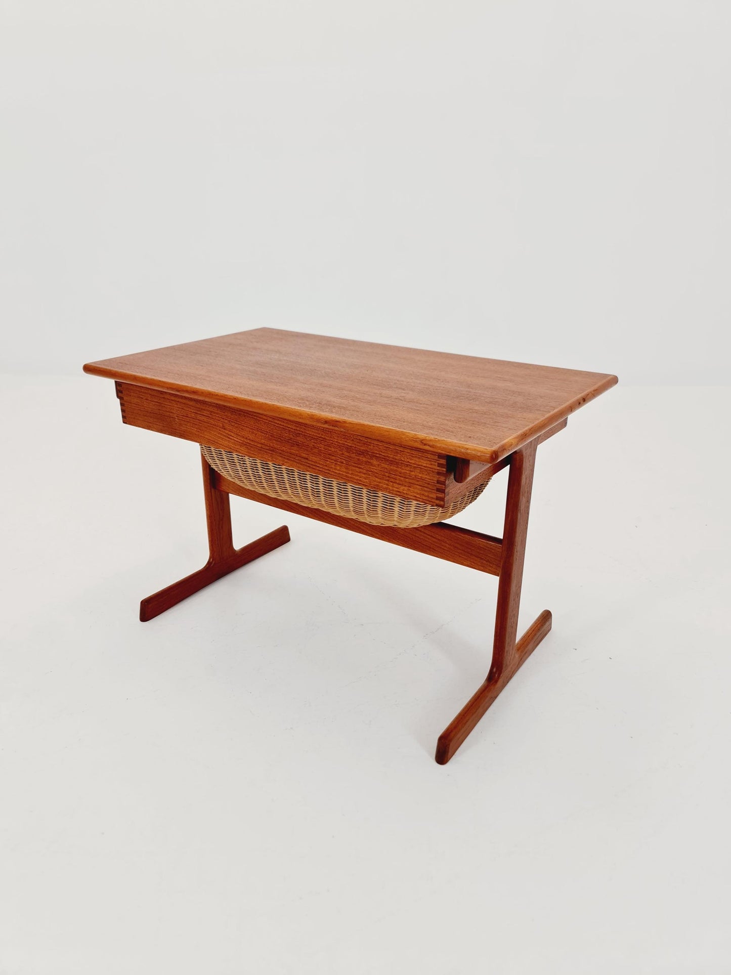 Vintage Danish teak and rattan sewing table/ side table cabinet By Kai Kristiansen for vildbjerg, 1960s