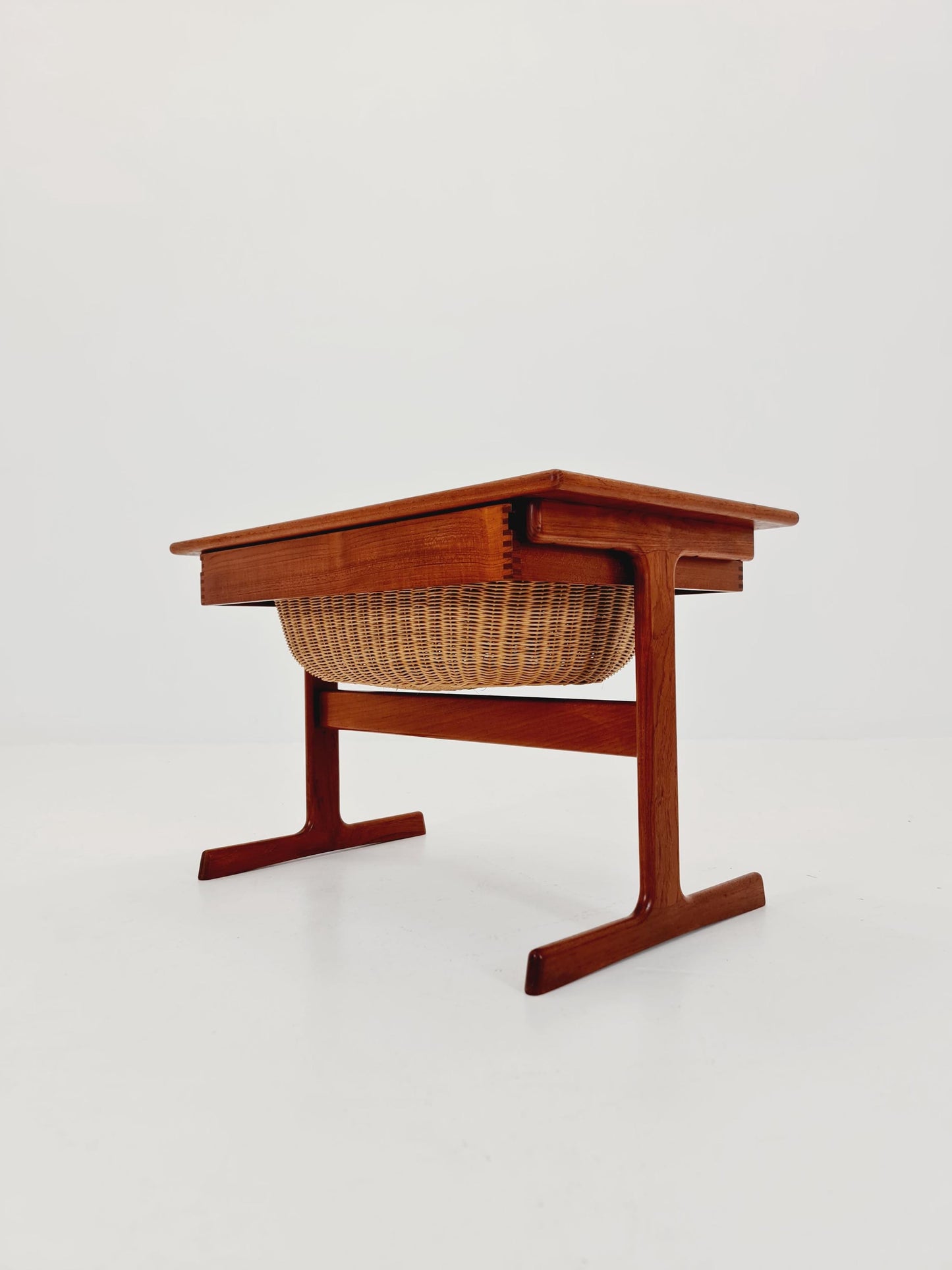 Vintage Danish teak and rattan sewing table/ side table cabinet By Kai Kristiansen for vildbjerg, 1960s