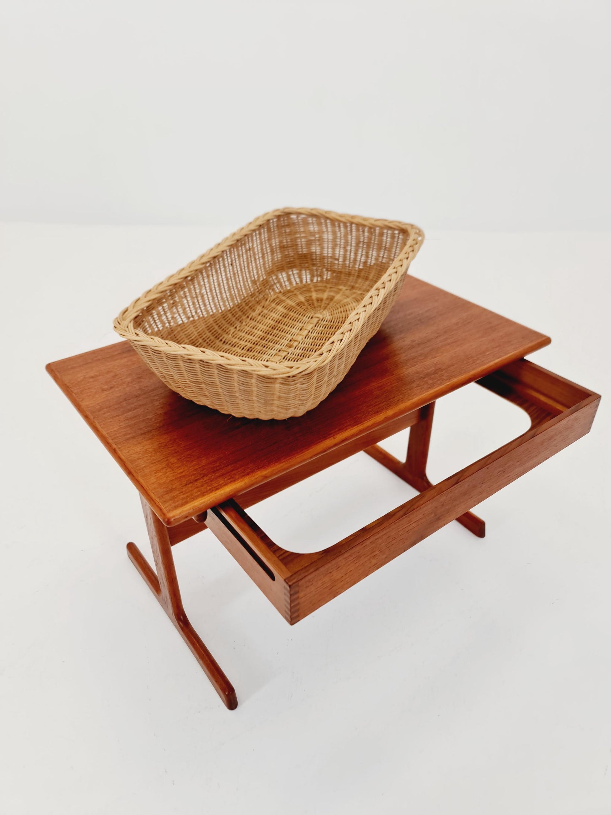 Vintage Danish teak and rattan sewing table/ side table cabinet By Kai Kristiansen for vildbjerg, 1960s