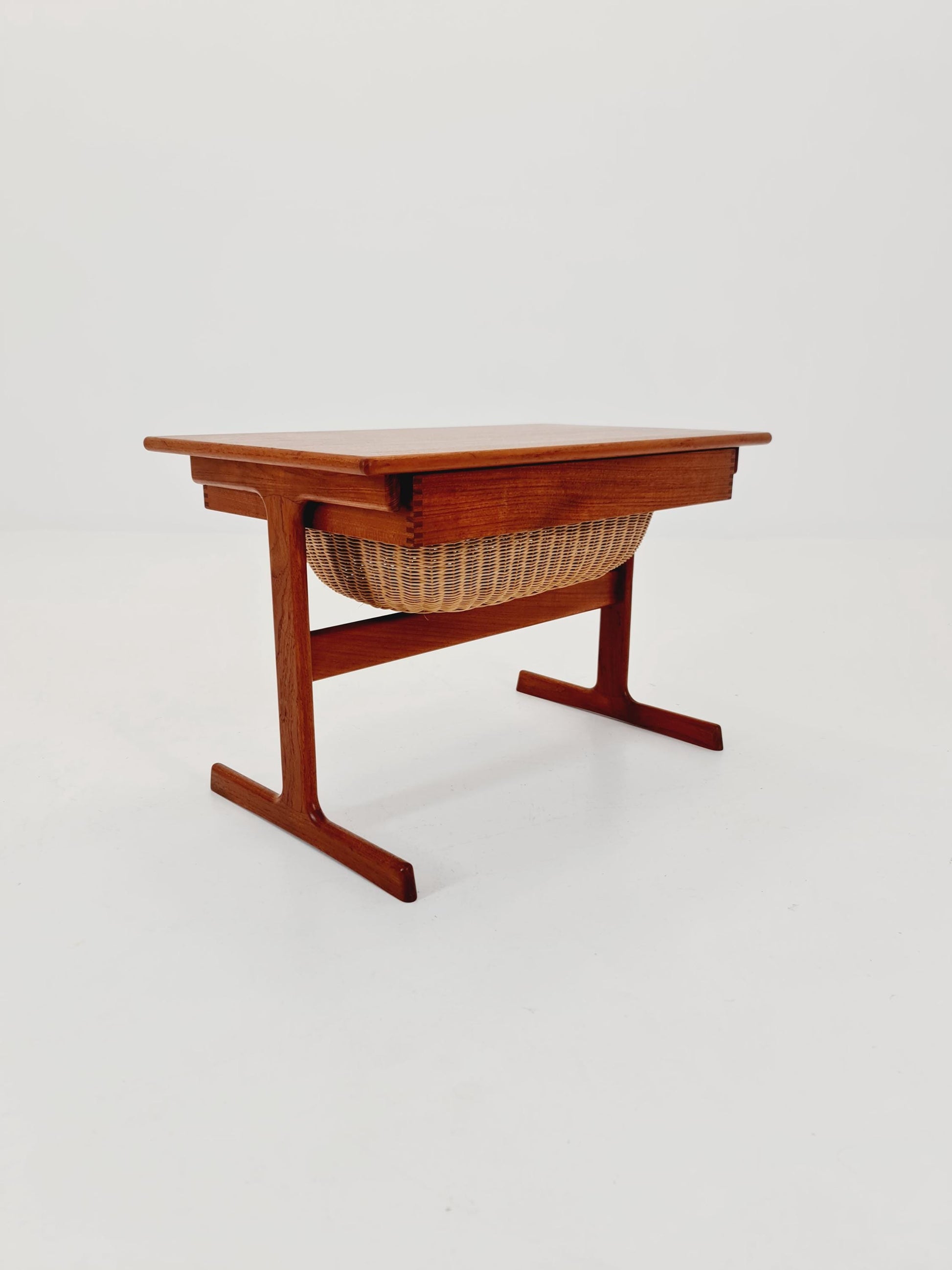 Vintage Danish teak and rattan sewing table/ side table cabinet By Kai Kristiansen for vildbjerg, 1960s