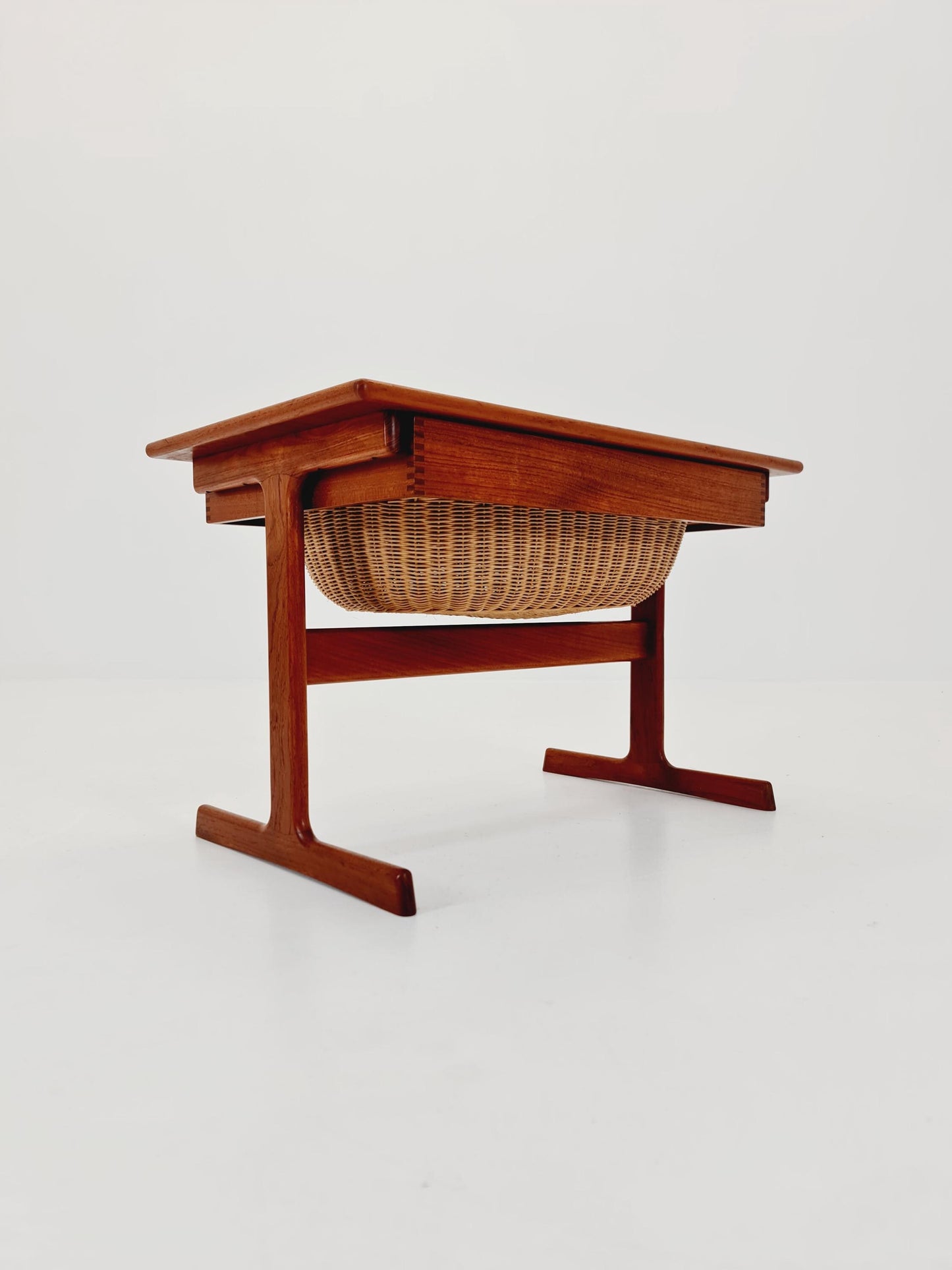 Vintage Danish teak and rattan sewing table/ side table cabinet By Kai Kristiansen for vildbjerg, 1960s