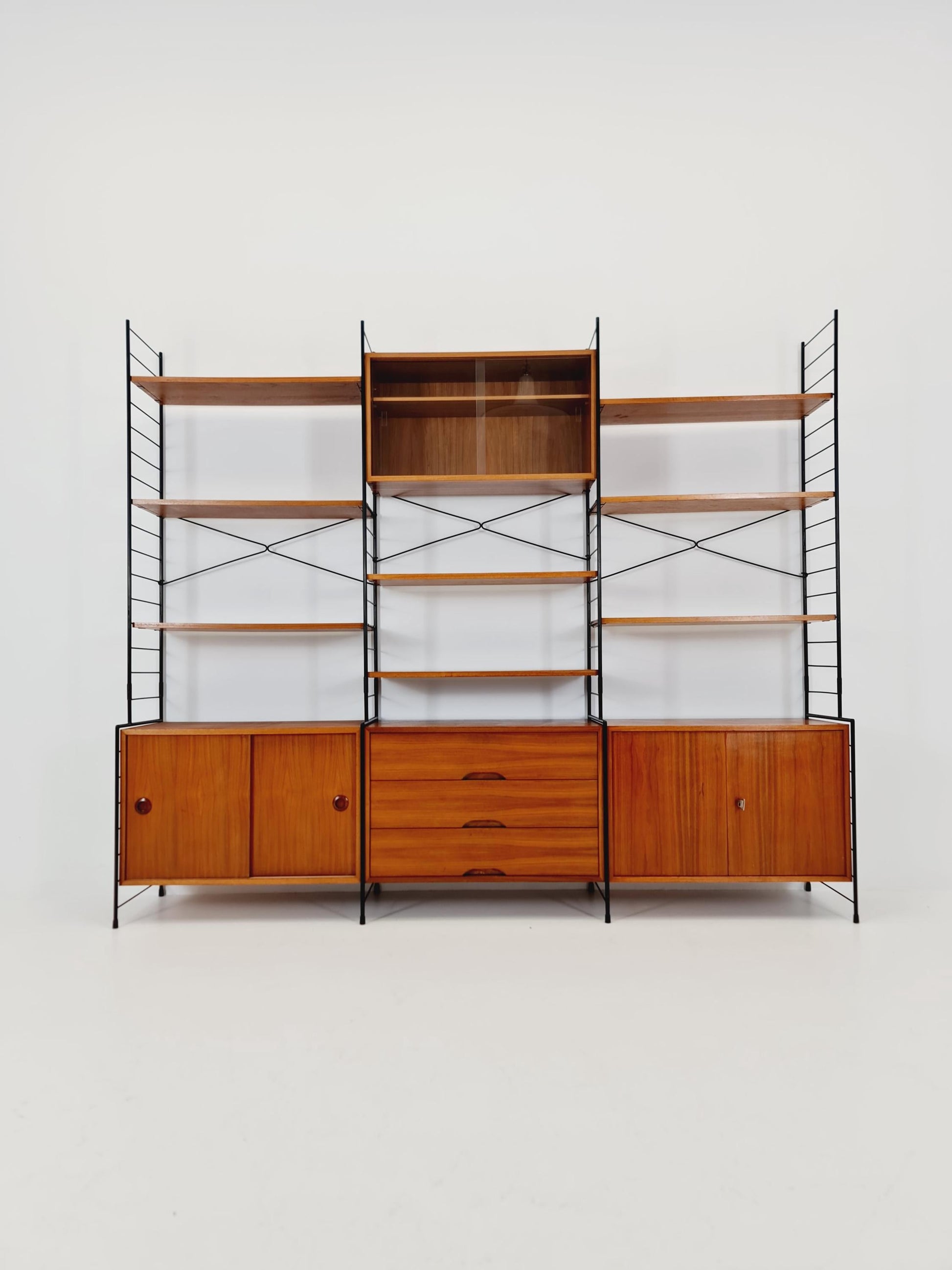 Mid century String shelf-system, bookcase with 3 cabinet and show case walnut wood by WHB Germany, 1950s