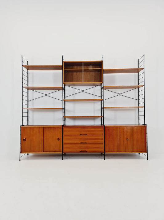 Mid century String shelf-system, bookcase with 3 cabinet and show case walnut wood by WHB Germany, 1950s