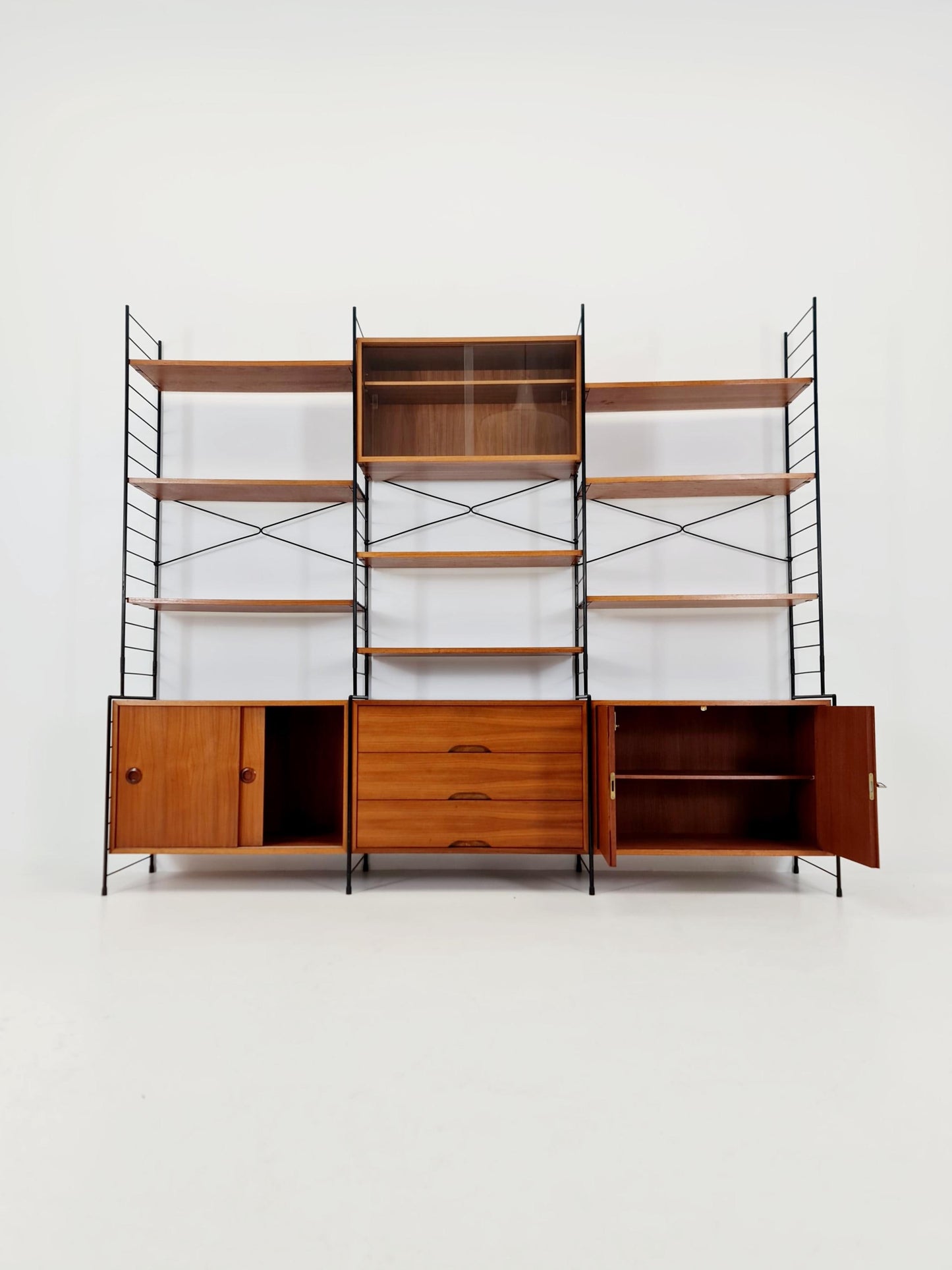 Mid century String shelf-system, bookcase with 3 cabinet and show case walnut wood by WHB Germany, 1950s