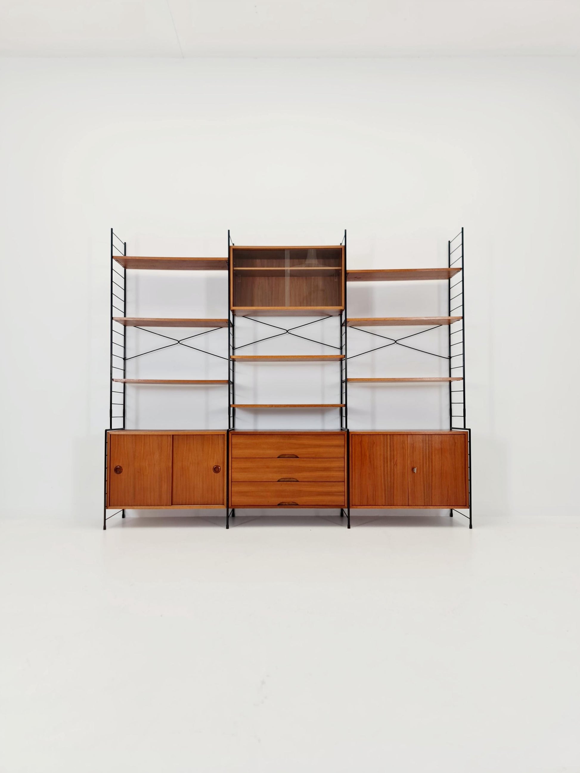 Mid century String shelf-system, bookcase with 3 cabinet and show case walnut wood by WHB Germany, 1950s