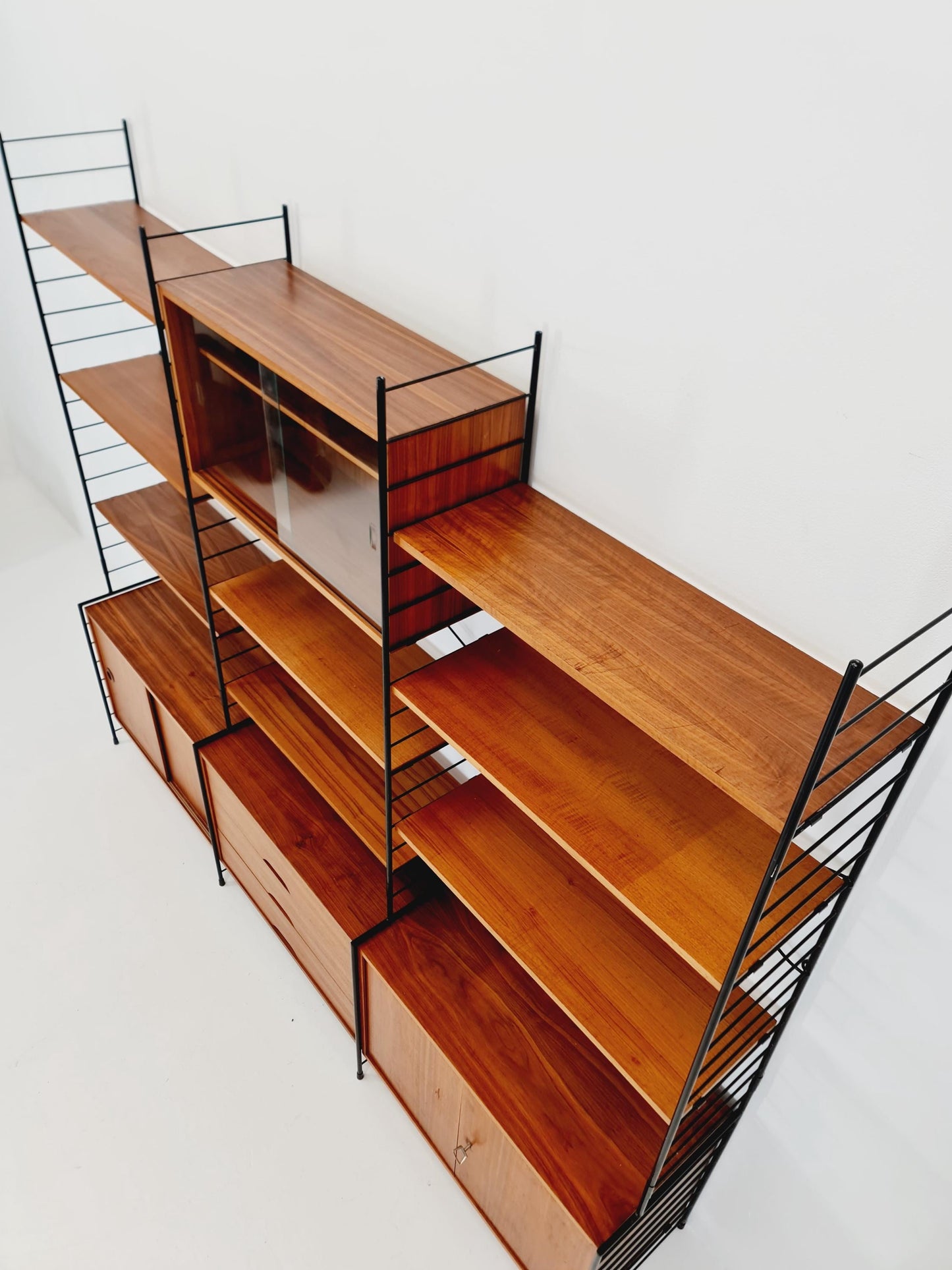 Mid century String shelf-system, bookcase with 3 cabinet and show case walnut wood by WHB Germany, 1950s