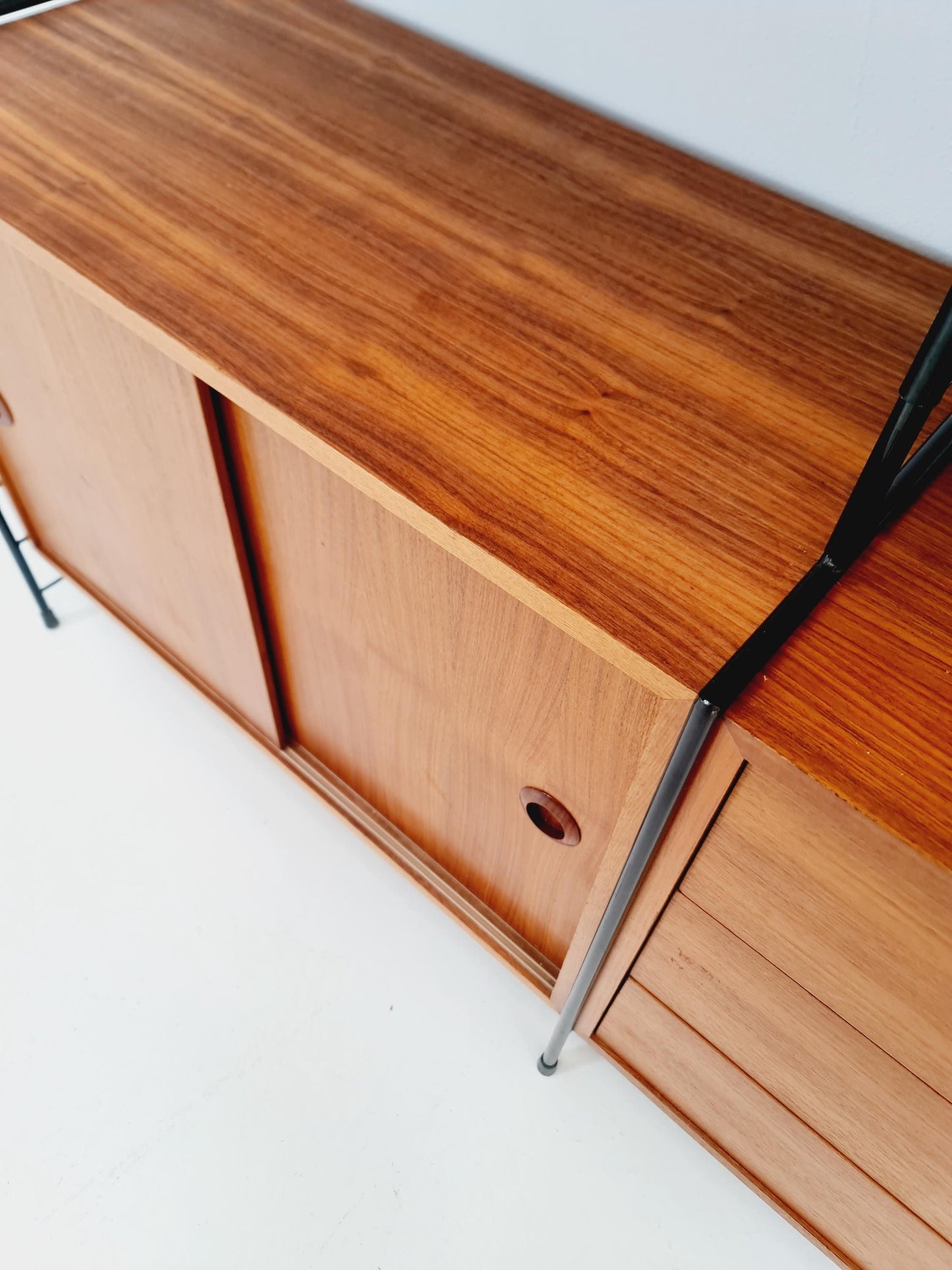Mid century String shelf-system, bookcase with 3 cabinet and show case walnut wood by WHB Germany, 1950s