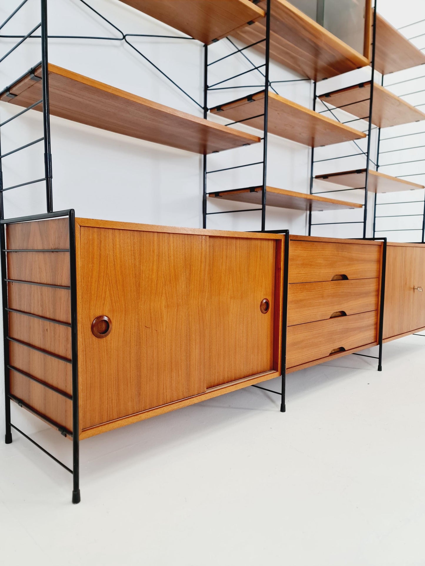 Mid century String shelf-system, bookcase with 3 cabinet and show case walnut wood by WHB Germany, 1950s