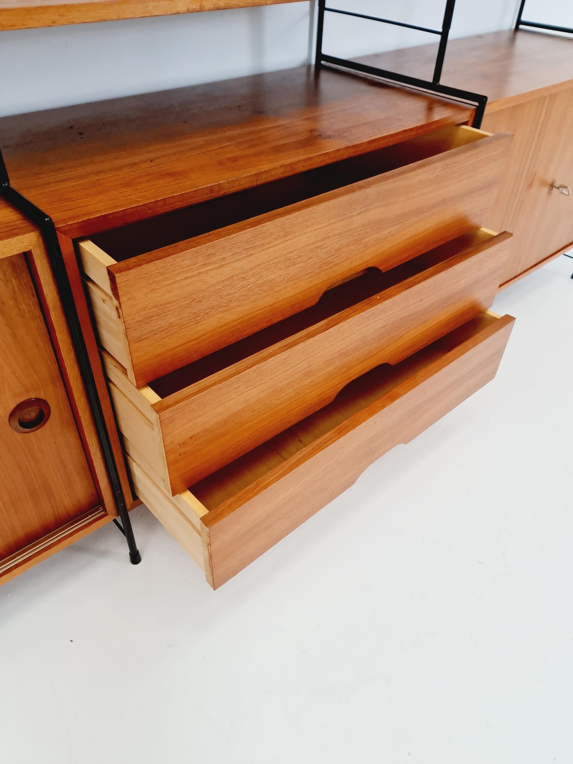 Mid century String shelf-system, bookcase with 3 cabinet and show case walnut wood by WHB Germany, 1950s
