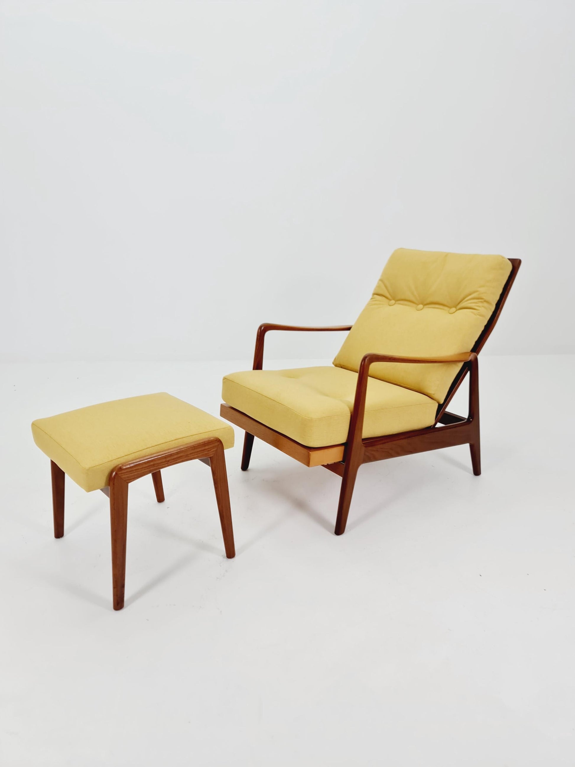 Mid Century Solid Walnut lounge chair/ Easy chair with Ottoman, 1960s