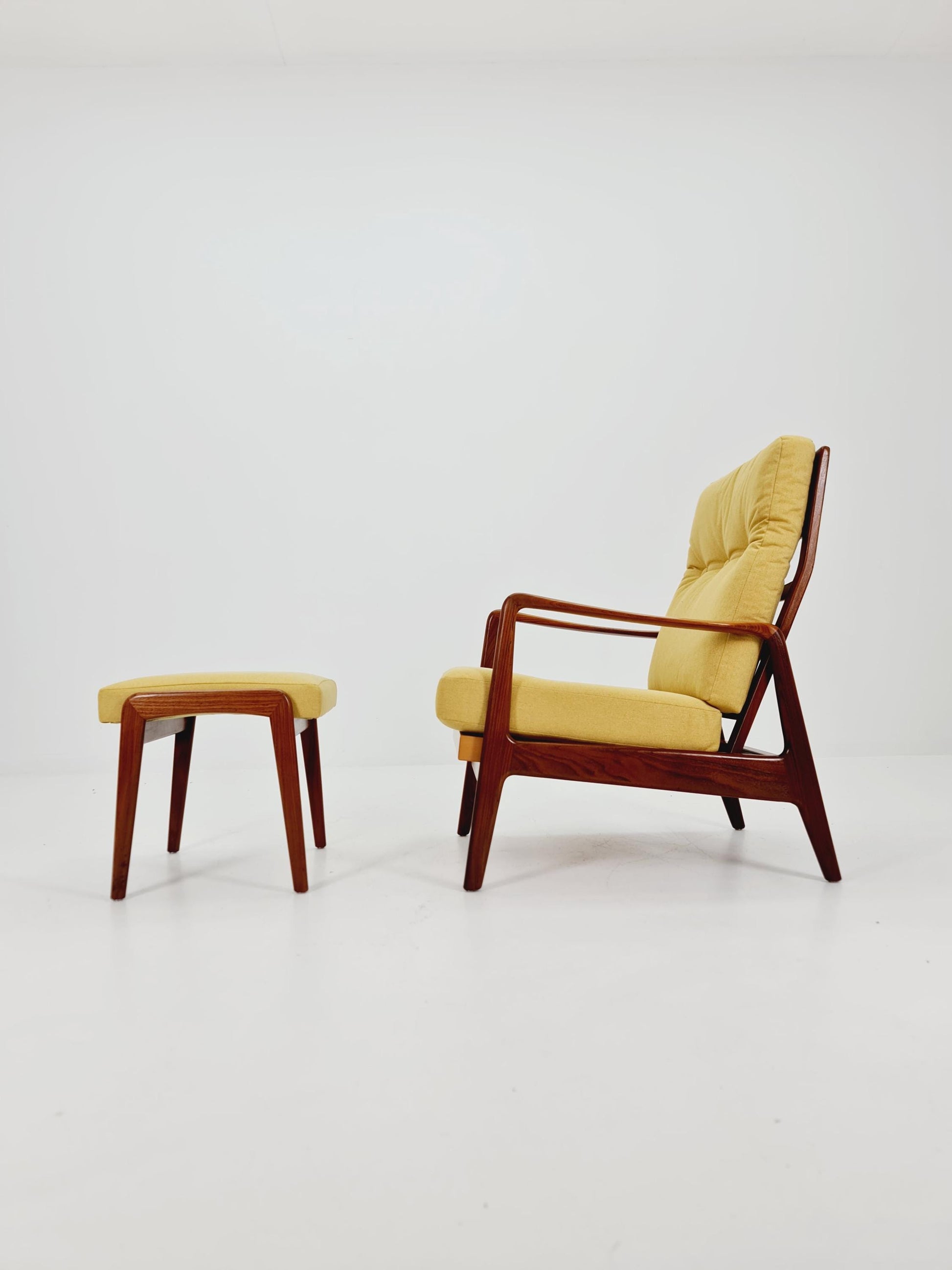 Mid Century Solid Walnut lounge chair/ Easy chair with Ottoman, 1960s