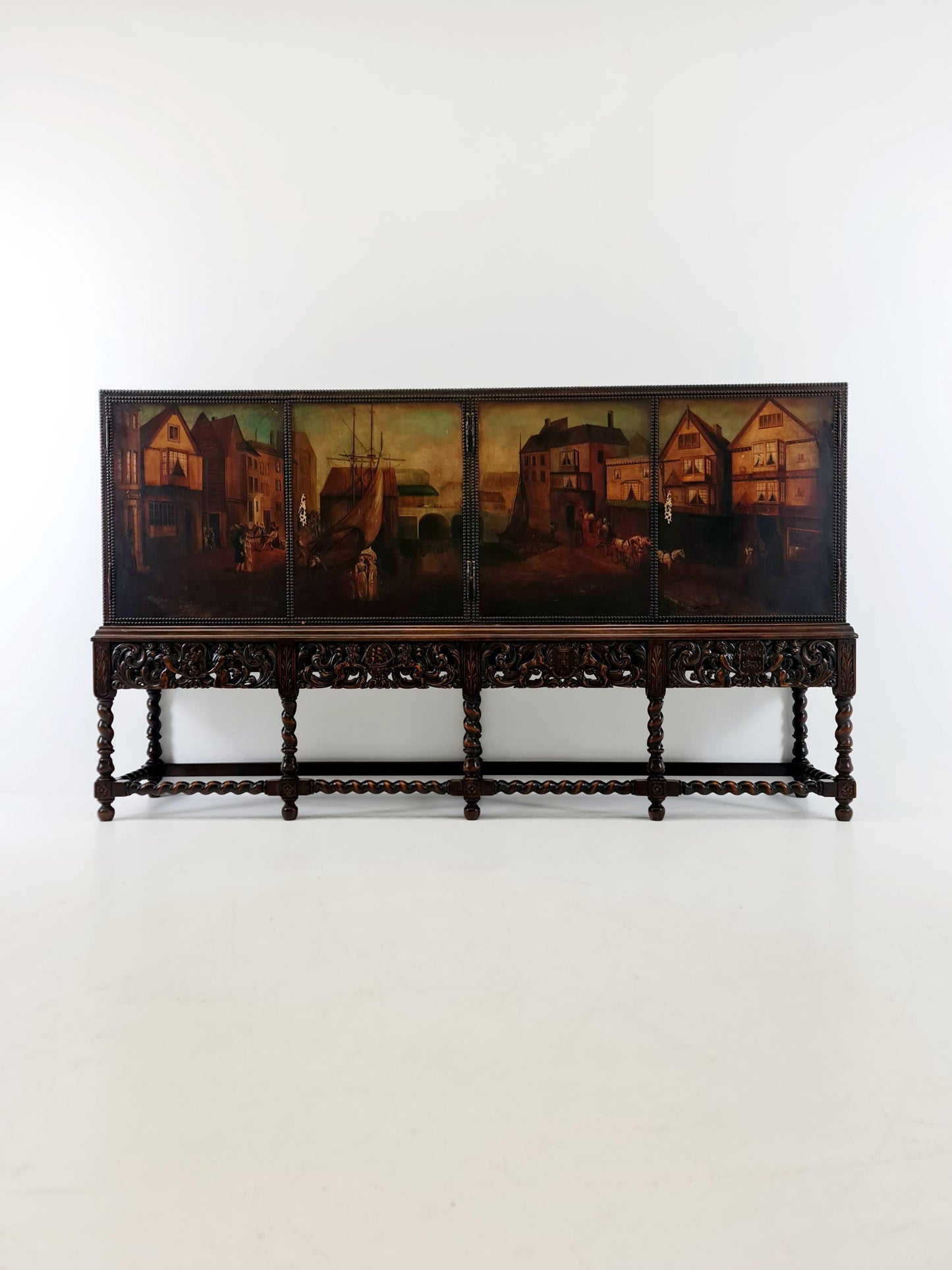 Extraordinary 1920s Ornate Carved Wood Buffet Cabinet with Hand-Painted Leather