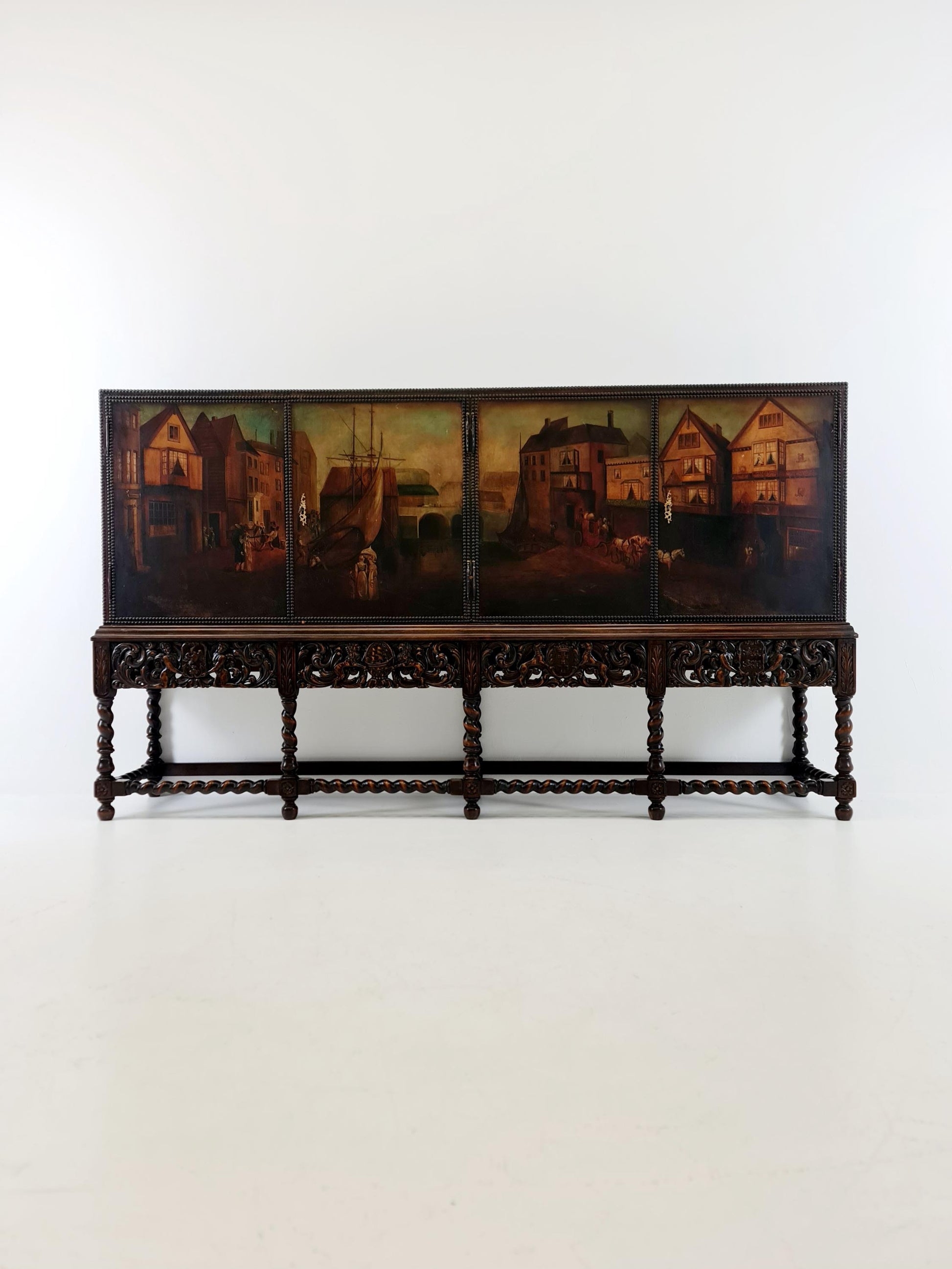 Extraordinary 1920s Ornate Carved Wood Buffet Cabinet with Hand-Painted Leather