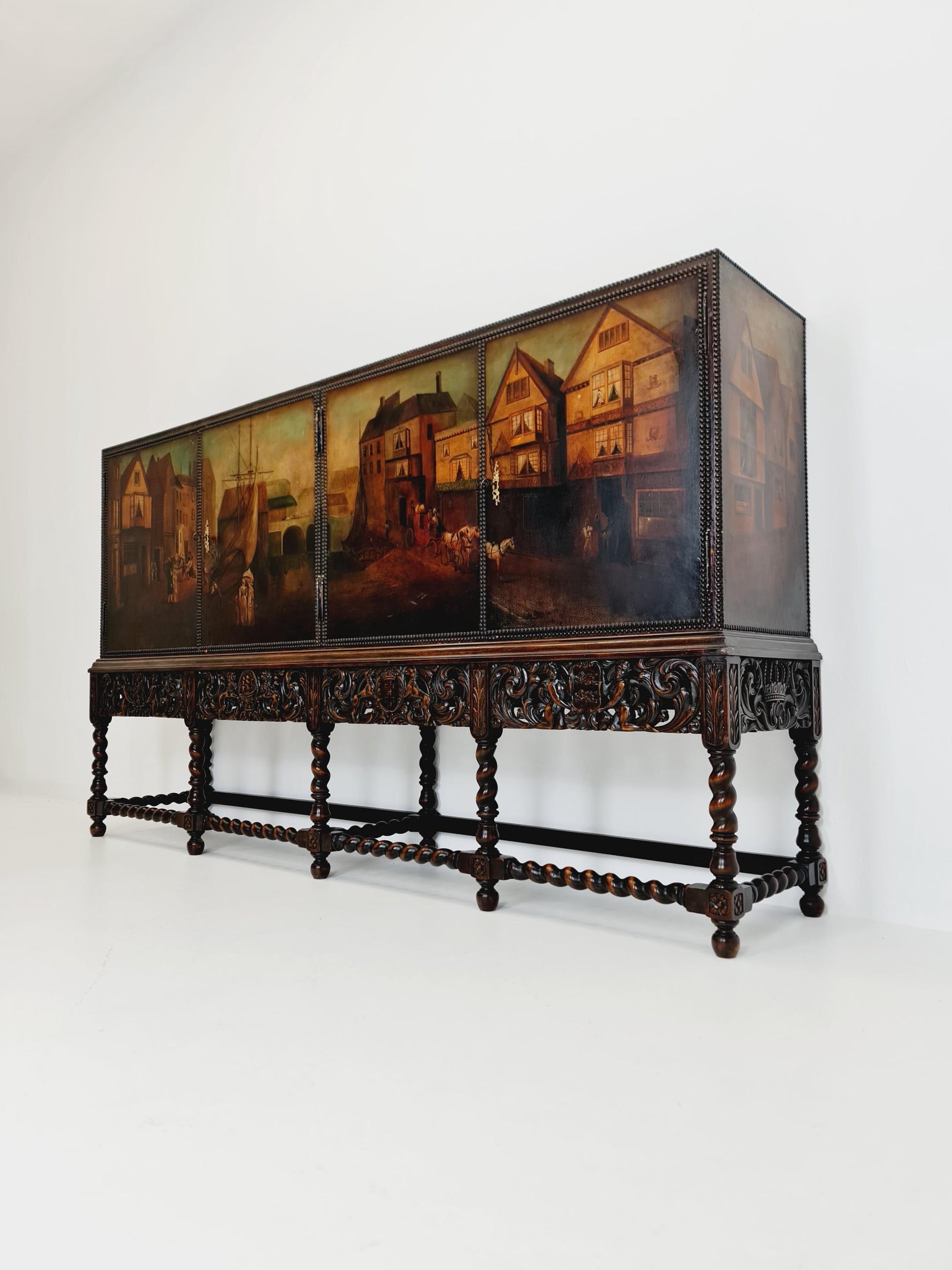 Extraordinary 1920s Ornate Carved Wood Buffet Cabinet with Hand-Painted Leather