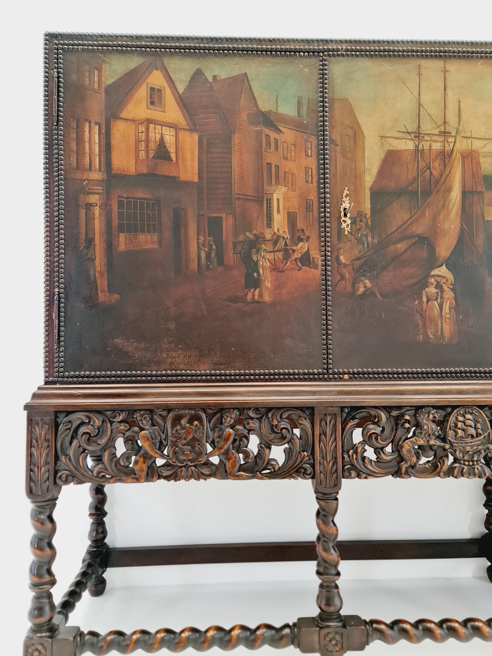 Extraordinary 1920s Ornate Carved Wood Buffet Cabinet with Hand-Painted Leather