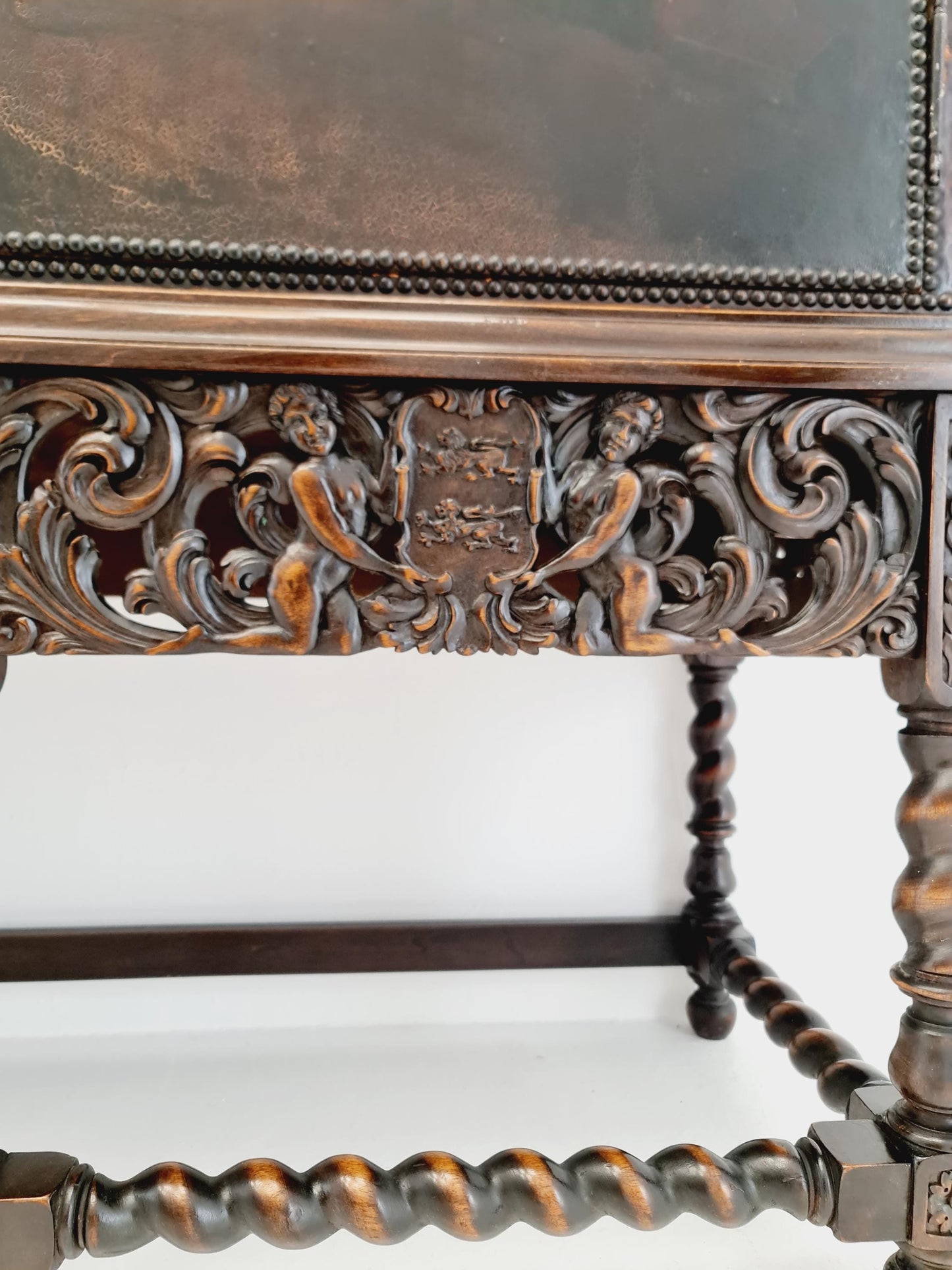 Extraordinary 1920s Ornate Carved Wood Buffet Cabinet with Hand-Painted Leather