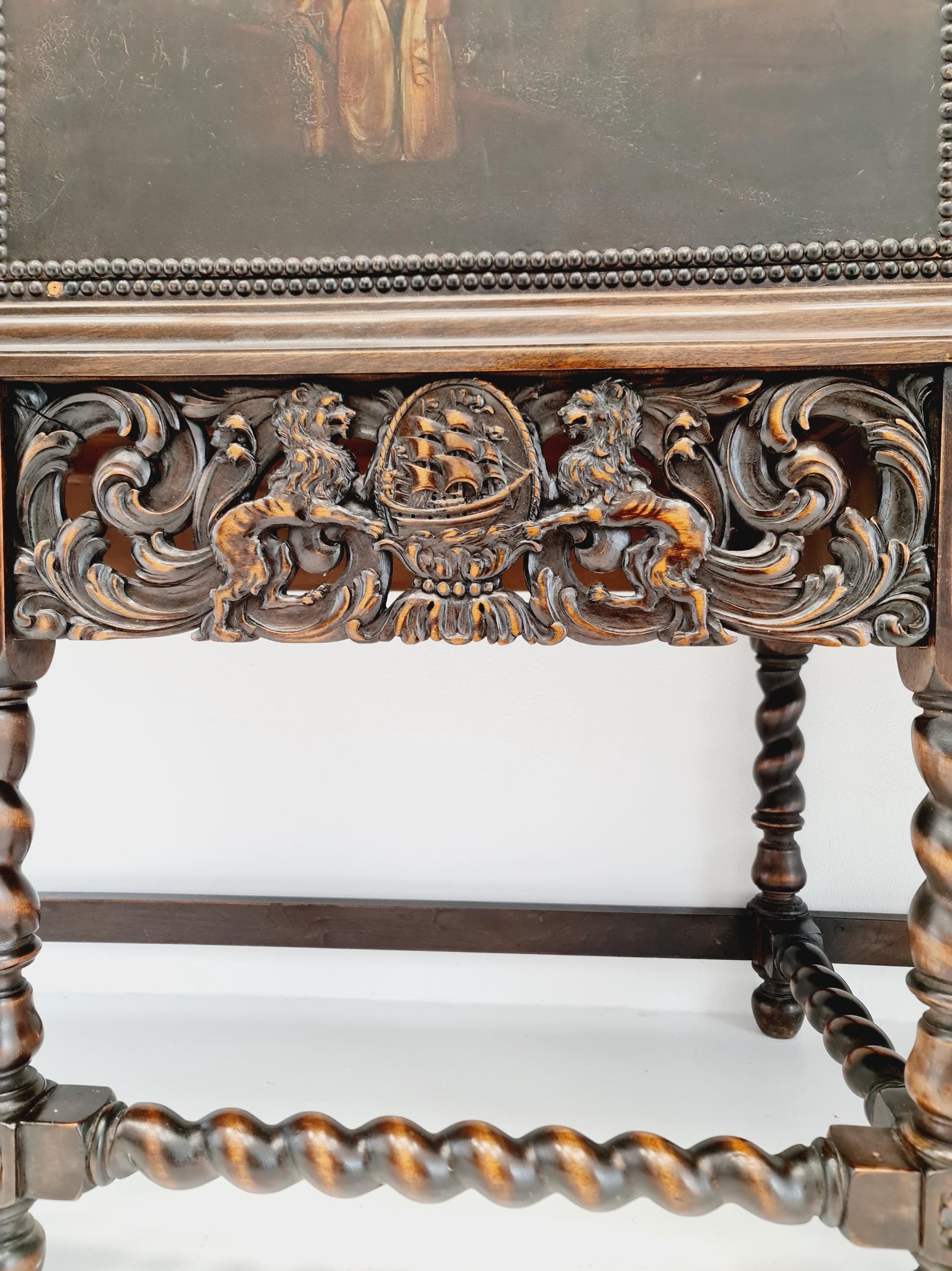 Extraordinary 1920s Ornate Carved Wood Buffet Cabinet with Hand-Painted Leather