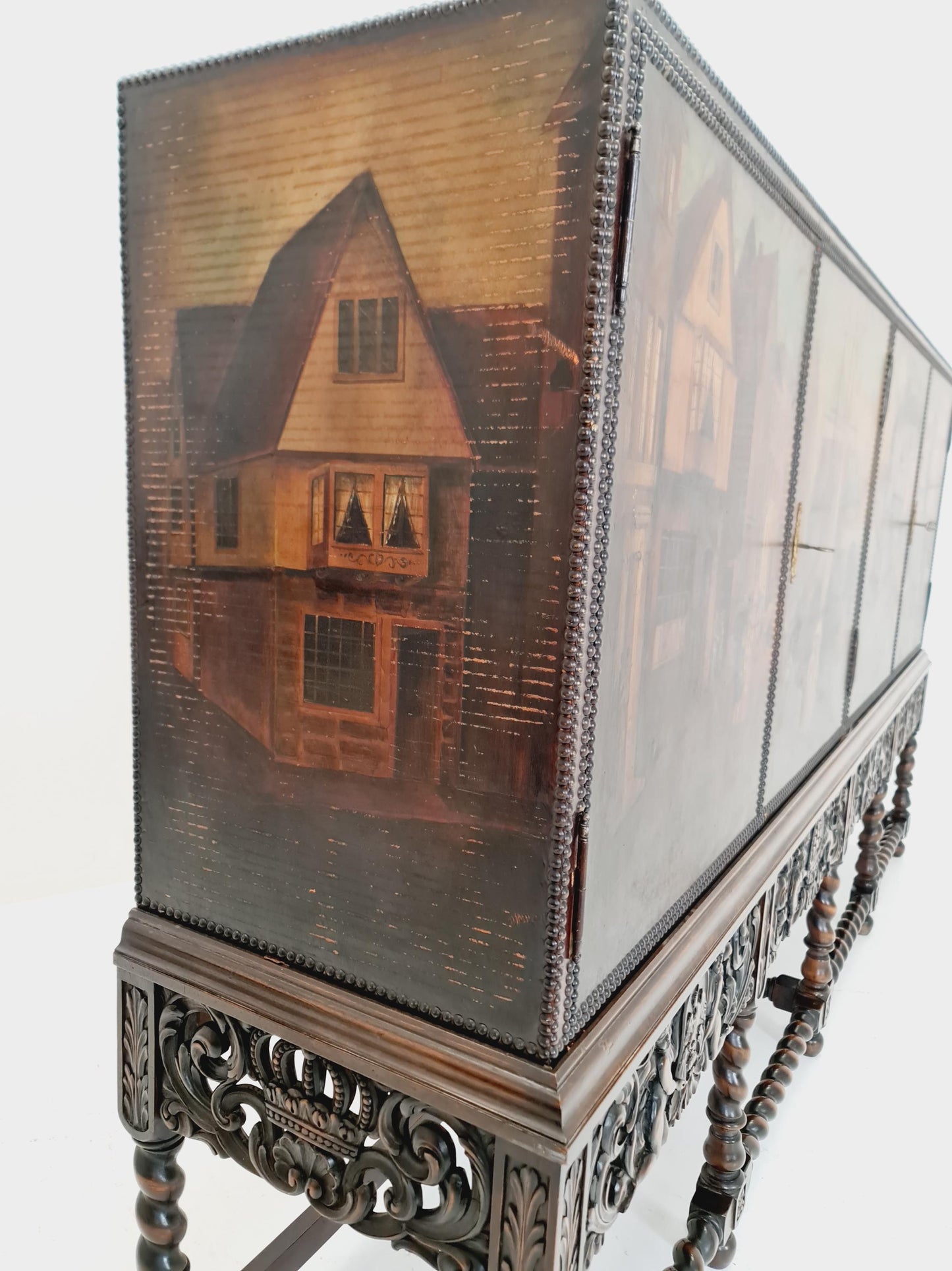 Extraordinary 1920s Ornate Carved Wood Buffet Cabinet with Hand-Painted Leather
