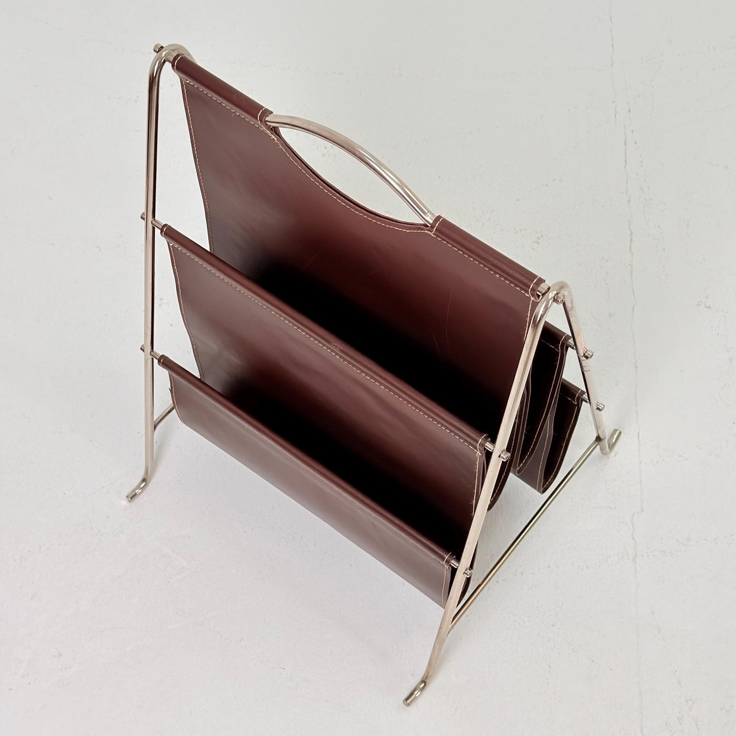 Mid-Century Bauhaus Brown Leather Magazine Rack – Germany, 1980s