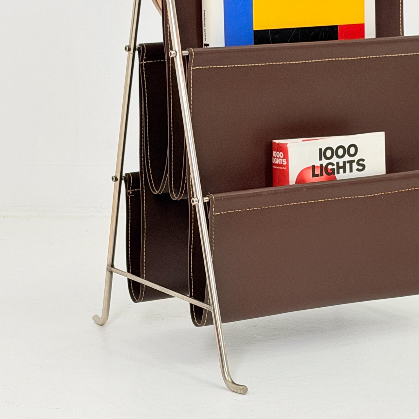 Mid-Century Bauhaus Brown Leather Magazine Rack – Germany, 1980s