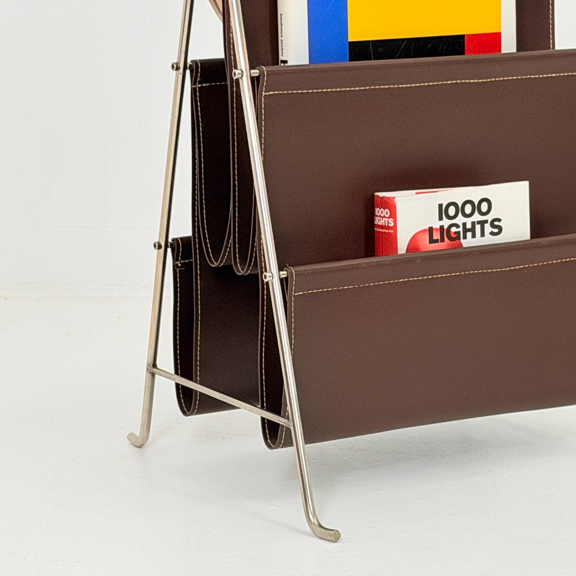 Mid-Century Bauhaus Brown Leather Magazine Rack – Germany, 1980s
