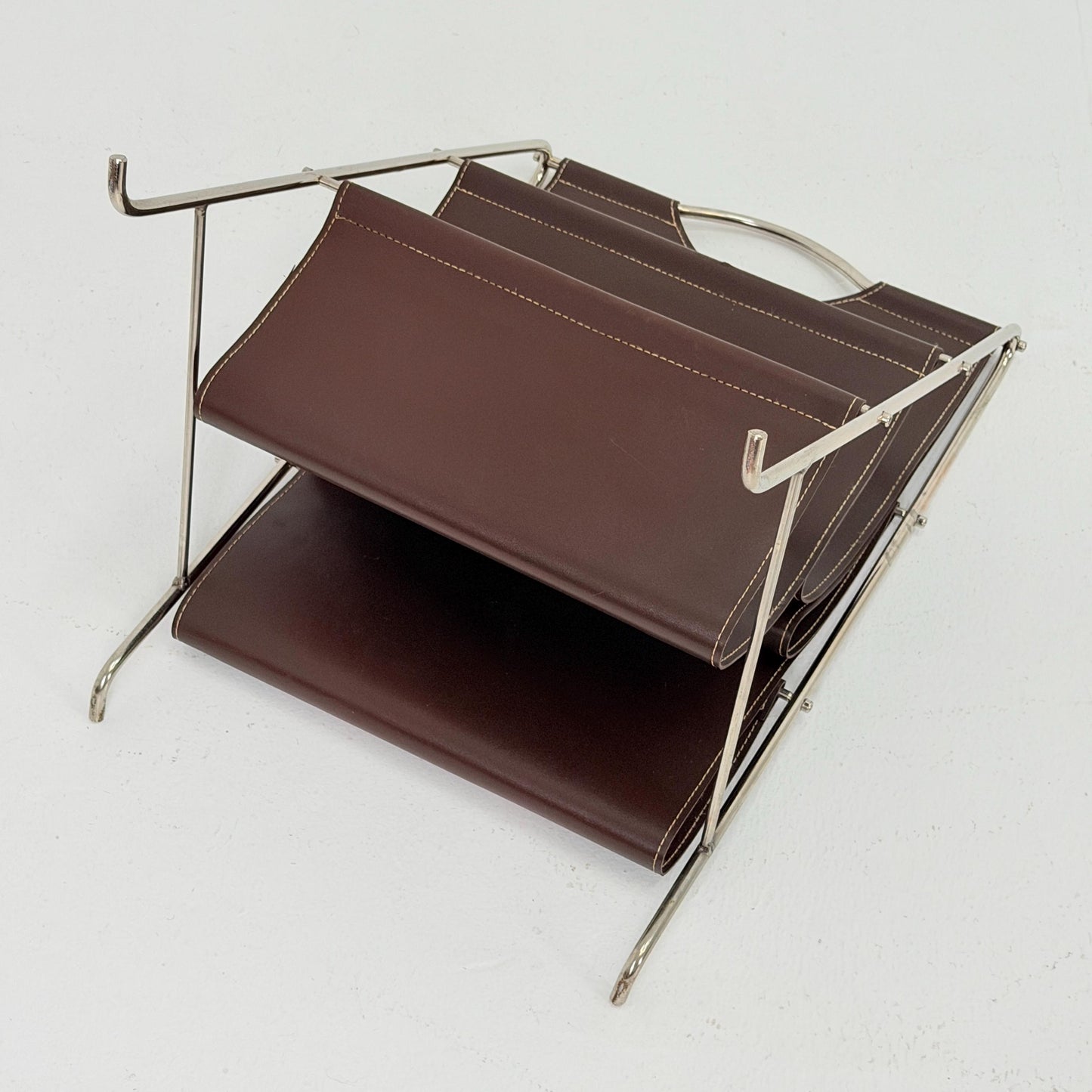 Mid-Century Bauhaus Brown Leather Magazine Rack – Germany, 1980s