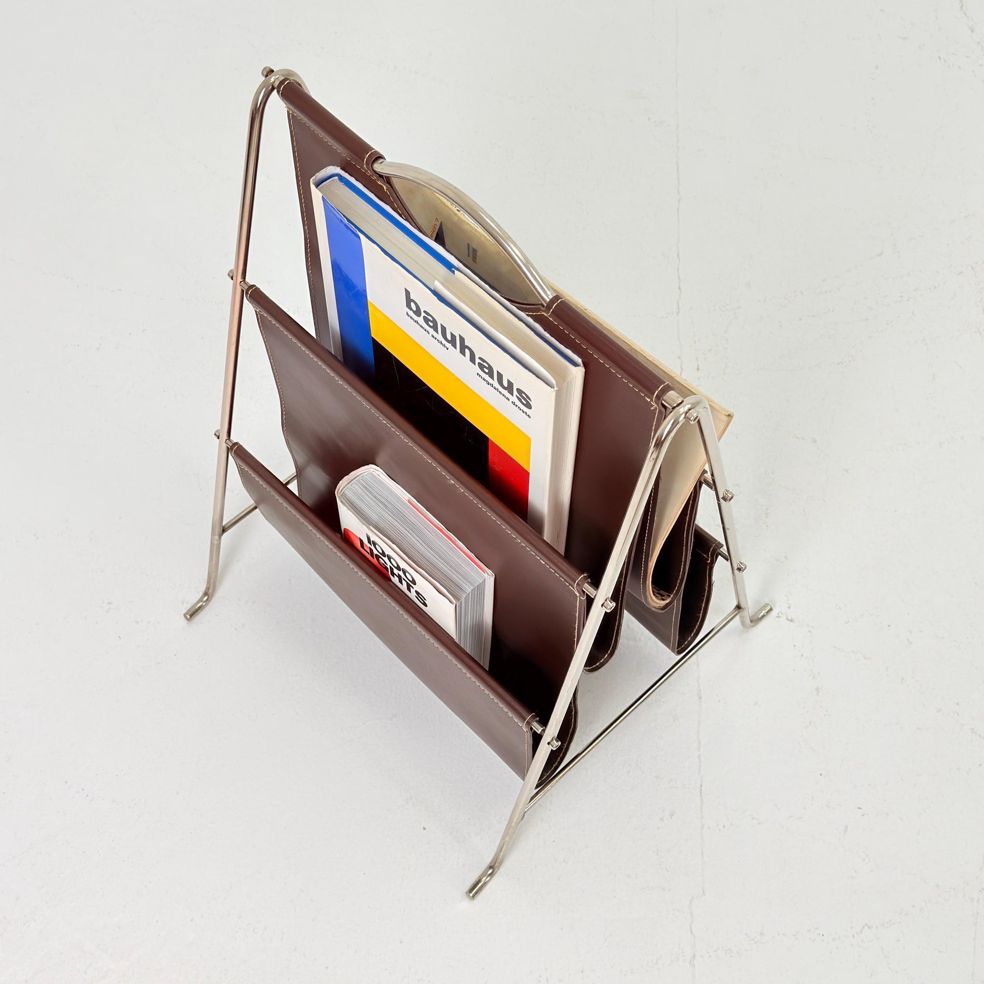 Mid-Century Bauhaus Brown Leather Magazine Rack – Germany, 1980s