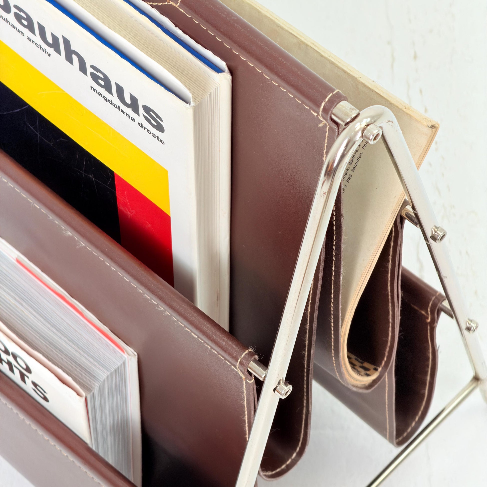 Mid-Century Bauhaus Brown Leather Magazine Rack – Germany, 1980s