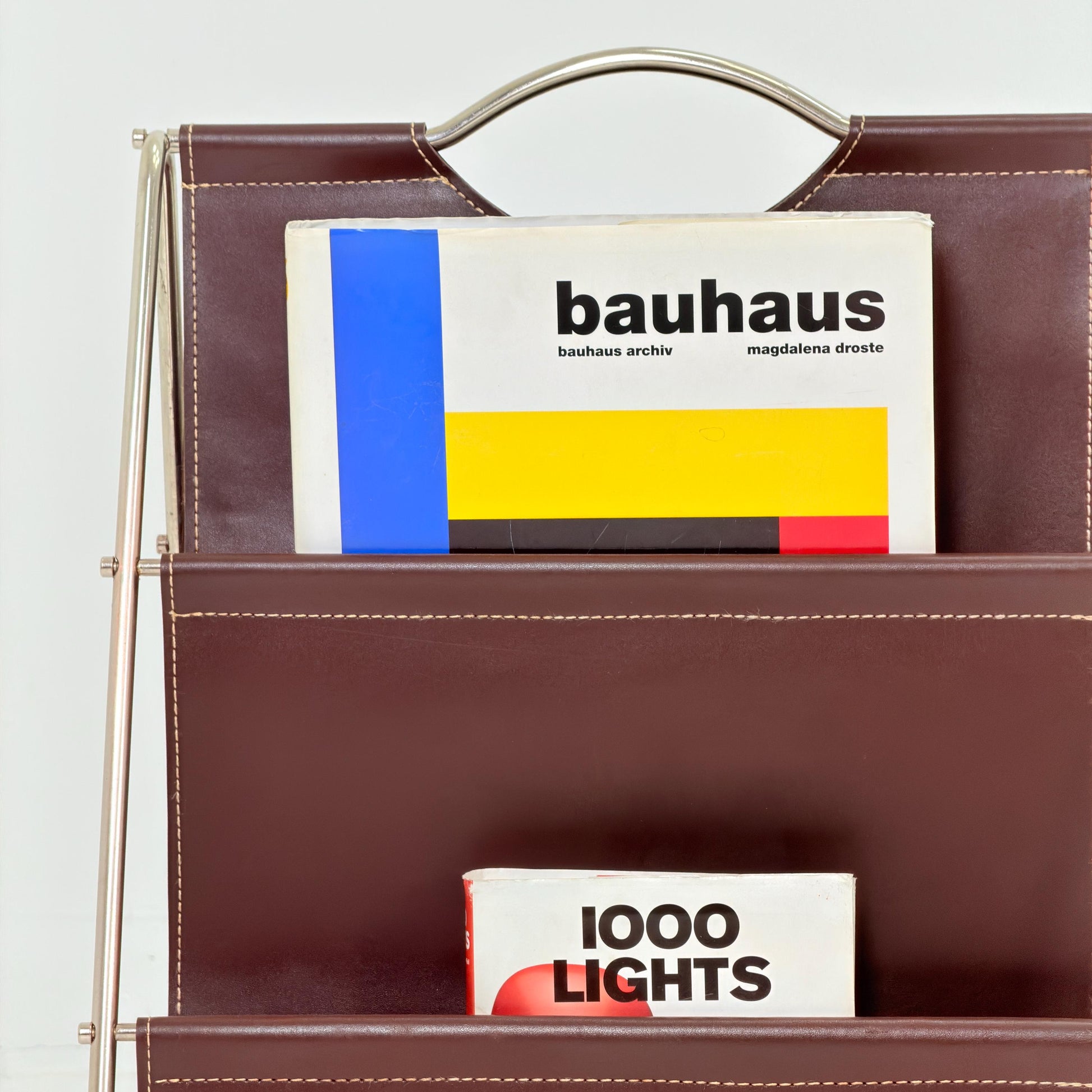 Mid-Century Bauhaus Brown Leather Magazine Rack – Germany, 1980s