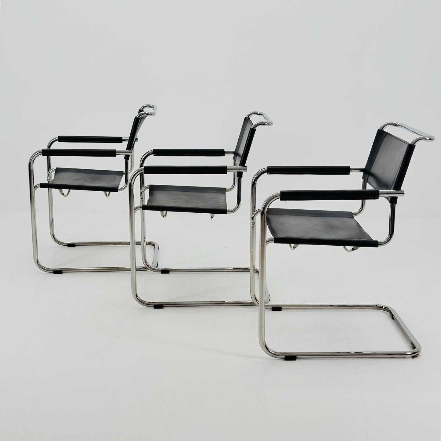 Set of 3 Iconic Black Leather S34 Cantilever Chairs by Mart Stam for Thonet – Bauhaus Design, 1980s