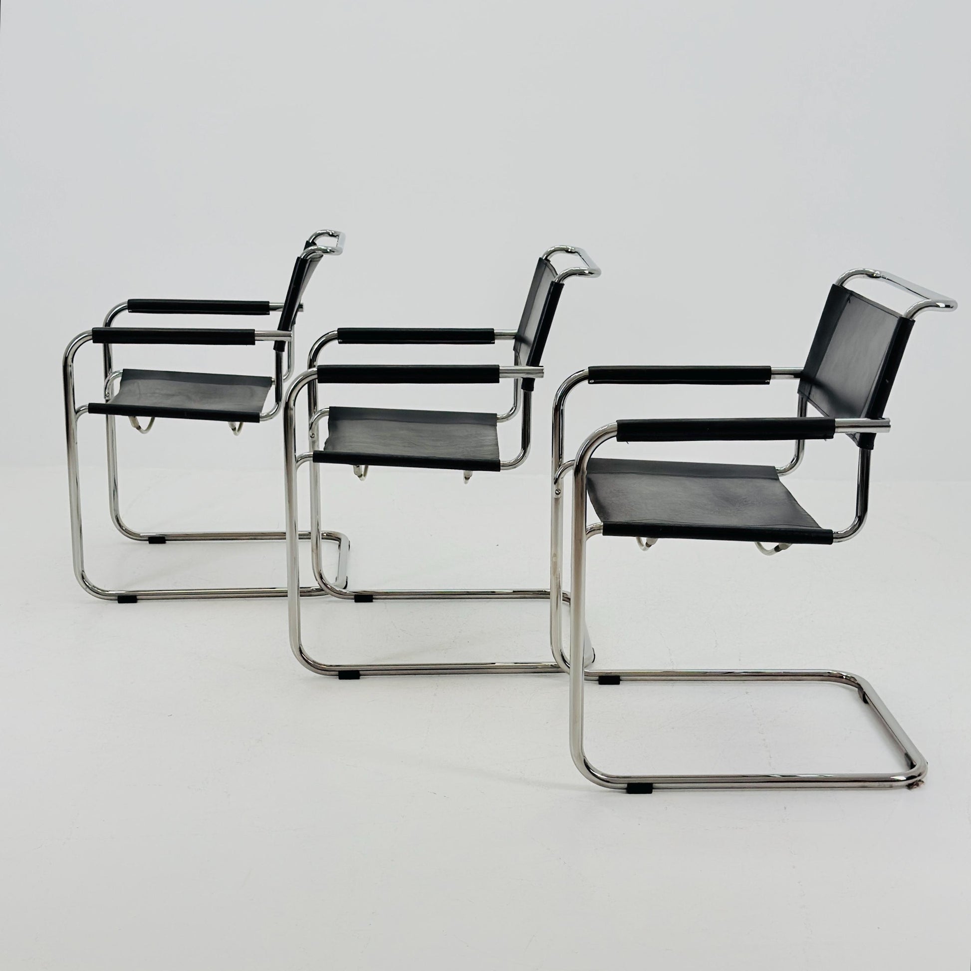 Set of 3 Iconic Black Leather S34 Cantilever Chairs by Mart Stam for Thonet – Bauhaus Design, 1980s
